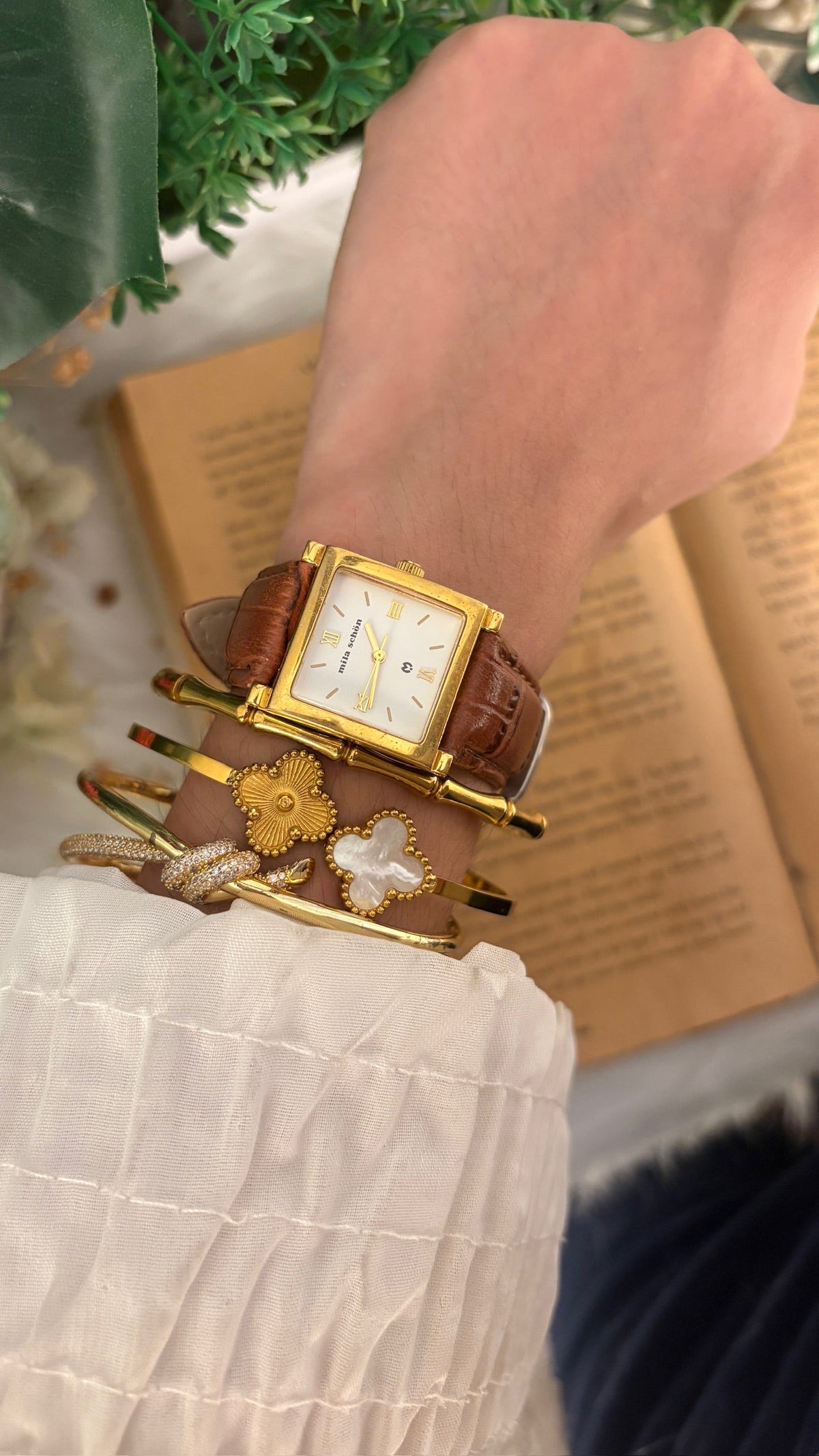 Rare Vintage Mila Schon Tank Watch in Gold Tone Brown Leather Quartz