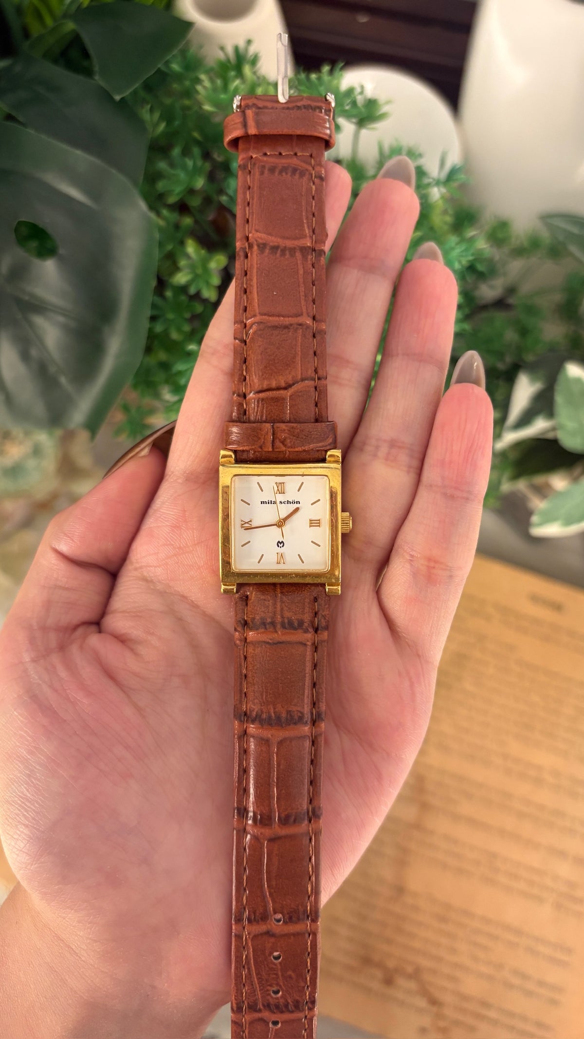 Rare Vintage Mila Schon Tank Watch in Gold Tone Brown Leather Quartz