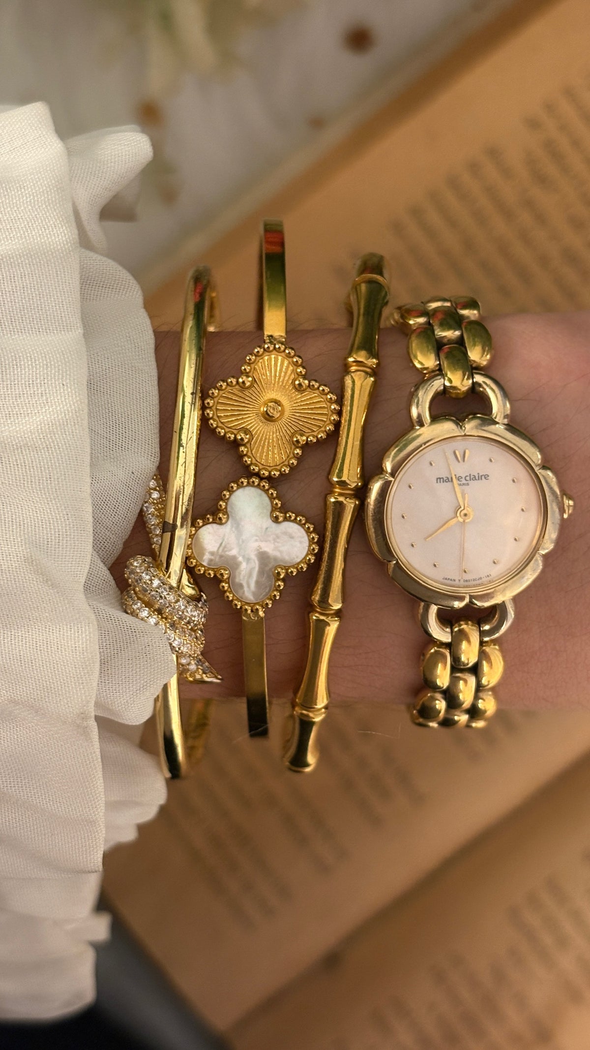 Rare Vintage Marie Claire Light Pink Flower Dial Bracelet Watch in Gold Tone Quartz