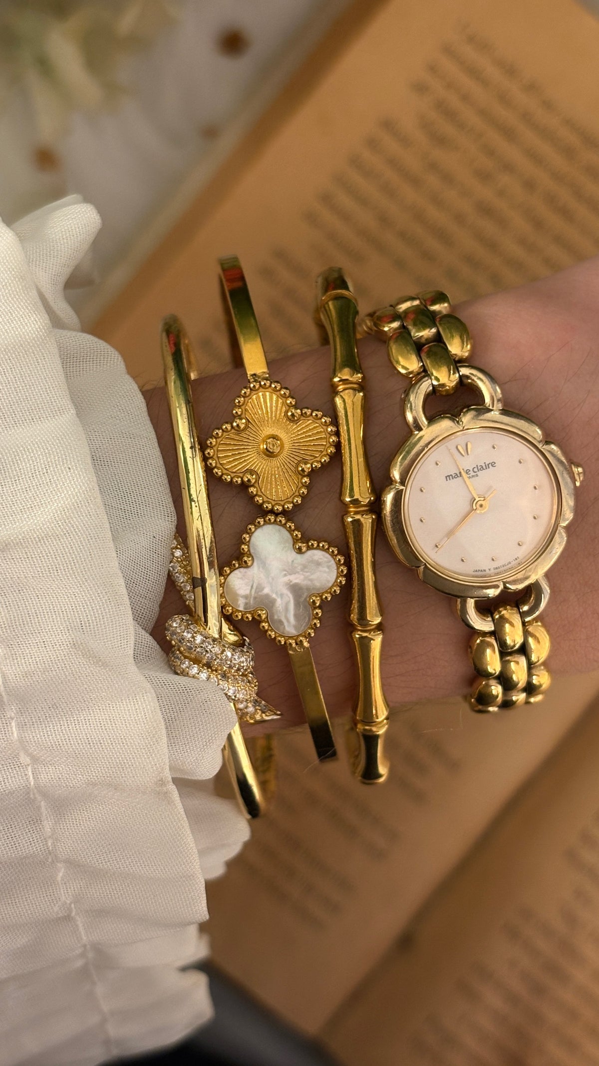 Rare Vintage Marie Claire Light Pink Flower Dial Bracelet Watch in Gold Tone Quartz