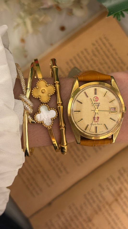 Rare Vintage Rado Swiss Automatic Purple Horse Mens Watch in Gold Tone Brown Leather Quartz