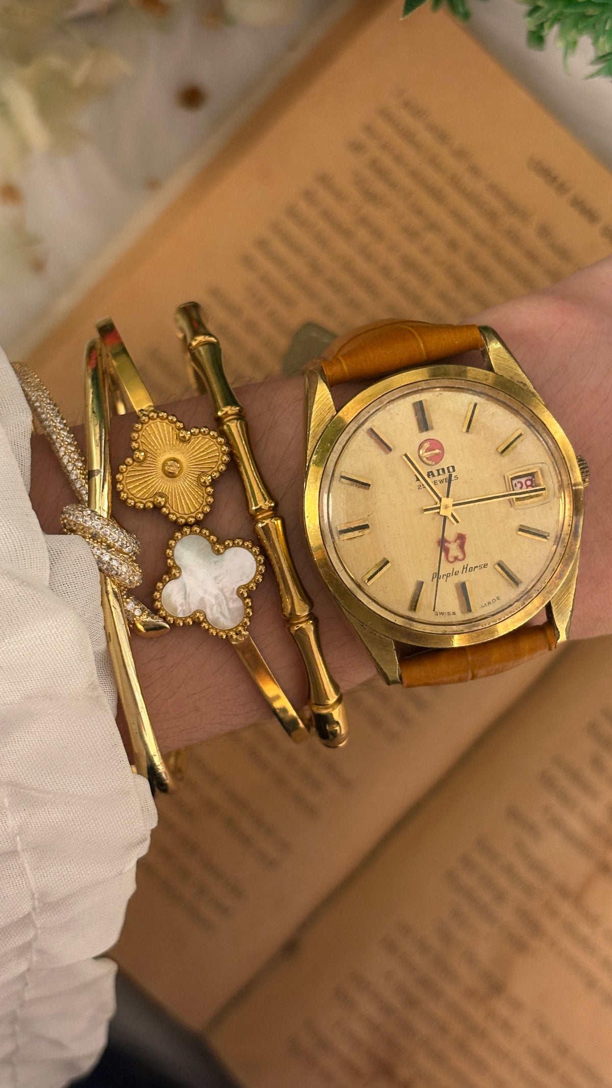 Rare Vintage Rado Swiss Automatic Purple Horse Mens Watch in Gold Tone Brown Leather Quartz