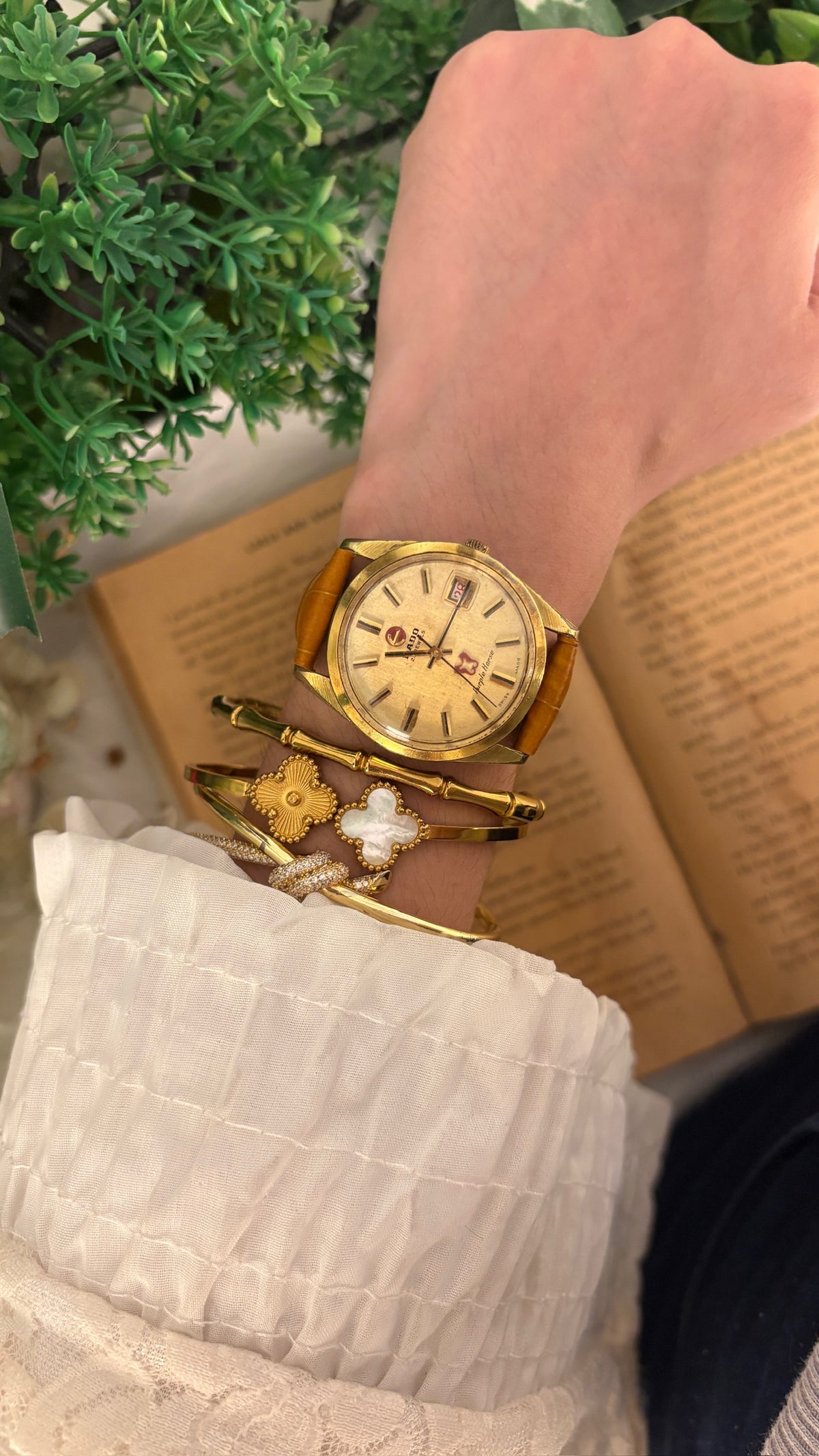 Rare Vintage Rado Swiss Automatic Purple Horse Mens Watch in Gold Tone Brown Leather Quartz