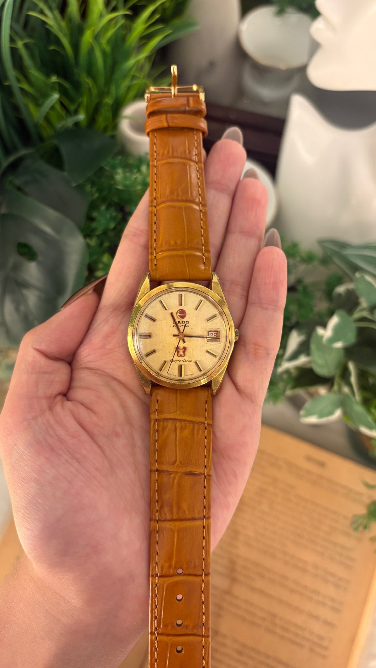 Rare Vintage Rado Swiss Automatic Purple Horse Mens Watch in Gold Tone Brown Leather Quartz