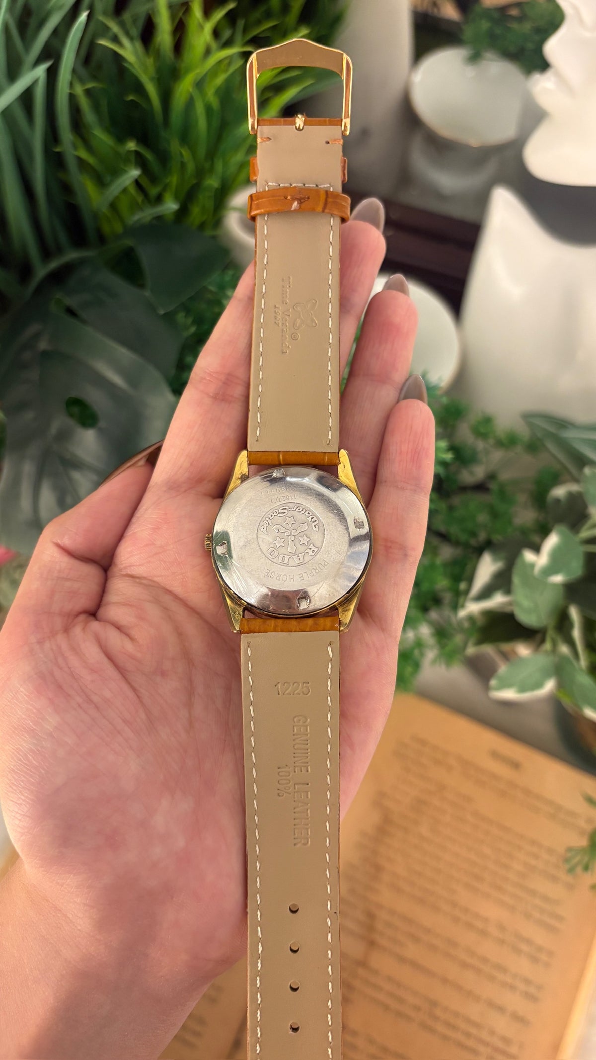 Rare Vintage Rado Swiss Automatic Purple Horse Mens Watch in Gold Tone Brown Leather Quartz