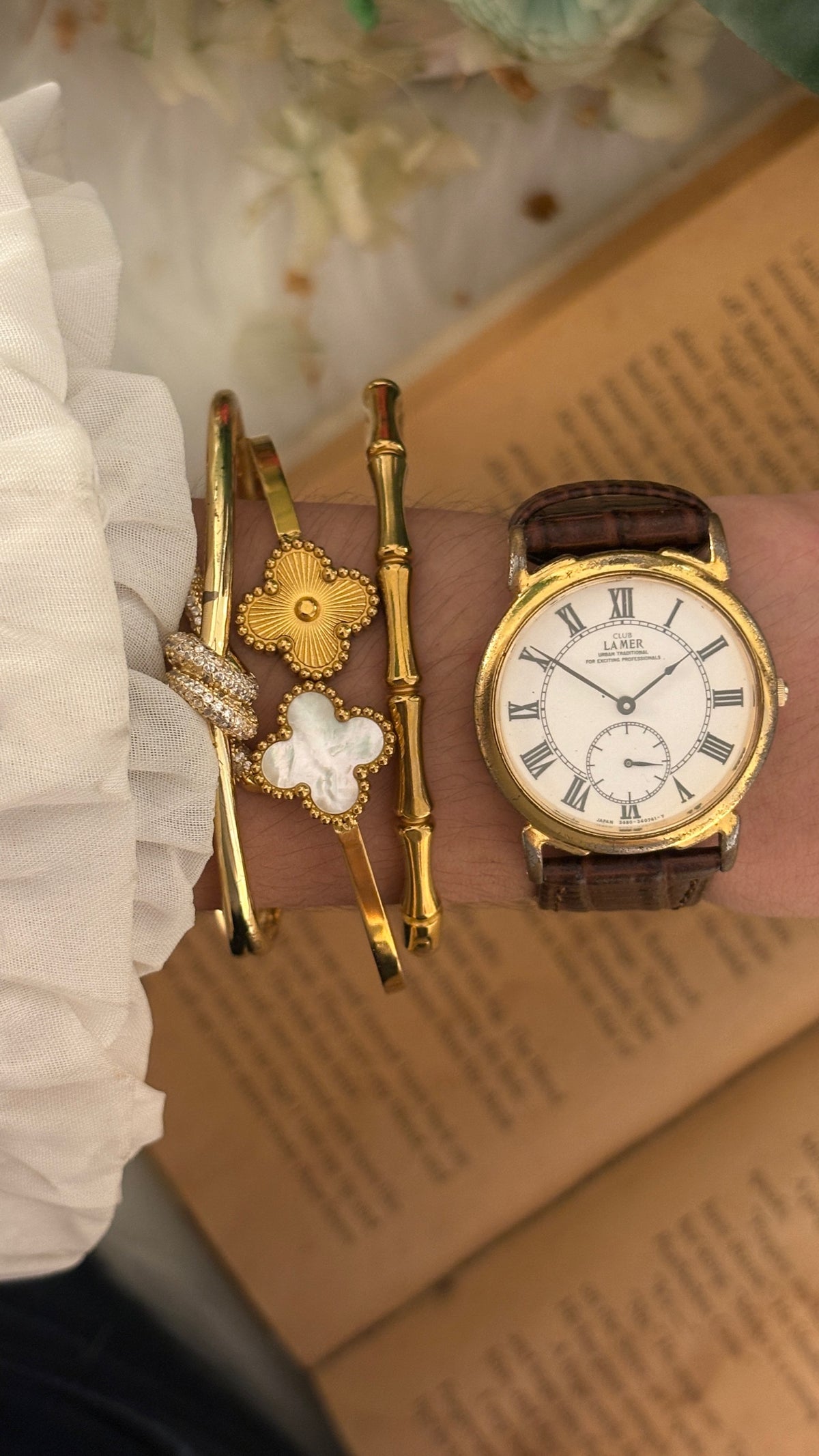 Rare Vintage La Mer Citizen Subseconds Watch in Gold Tone Brown Leather Quartz