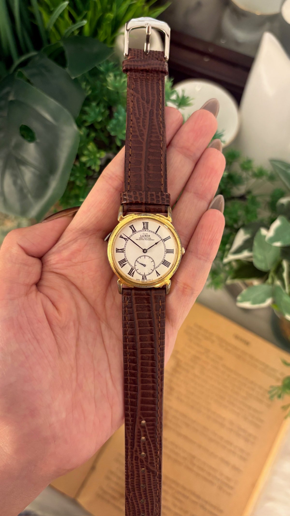 Rare Vintage La Mer Citizen Subseconds Watch in Gold Tone Brown Leather Quartz