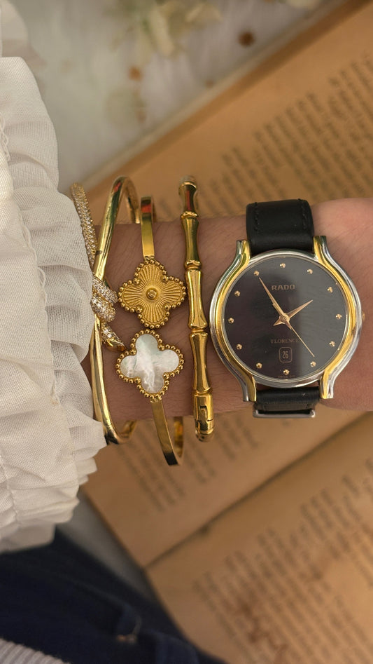 Rare Vintage Rado Swiss Florence Black Dial Date Window Watch in Two-Tone Black Leather