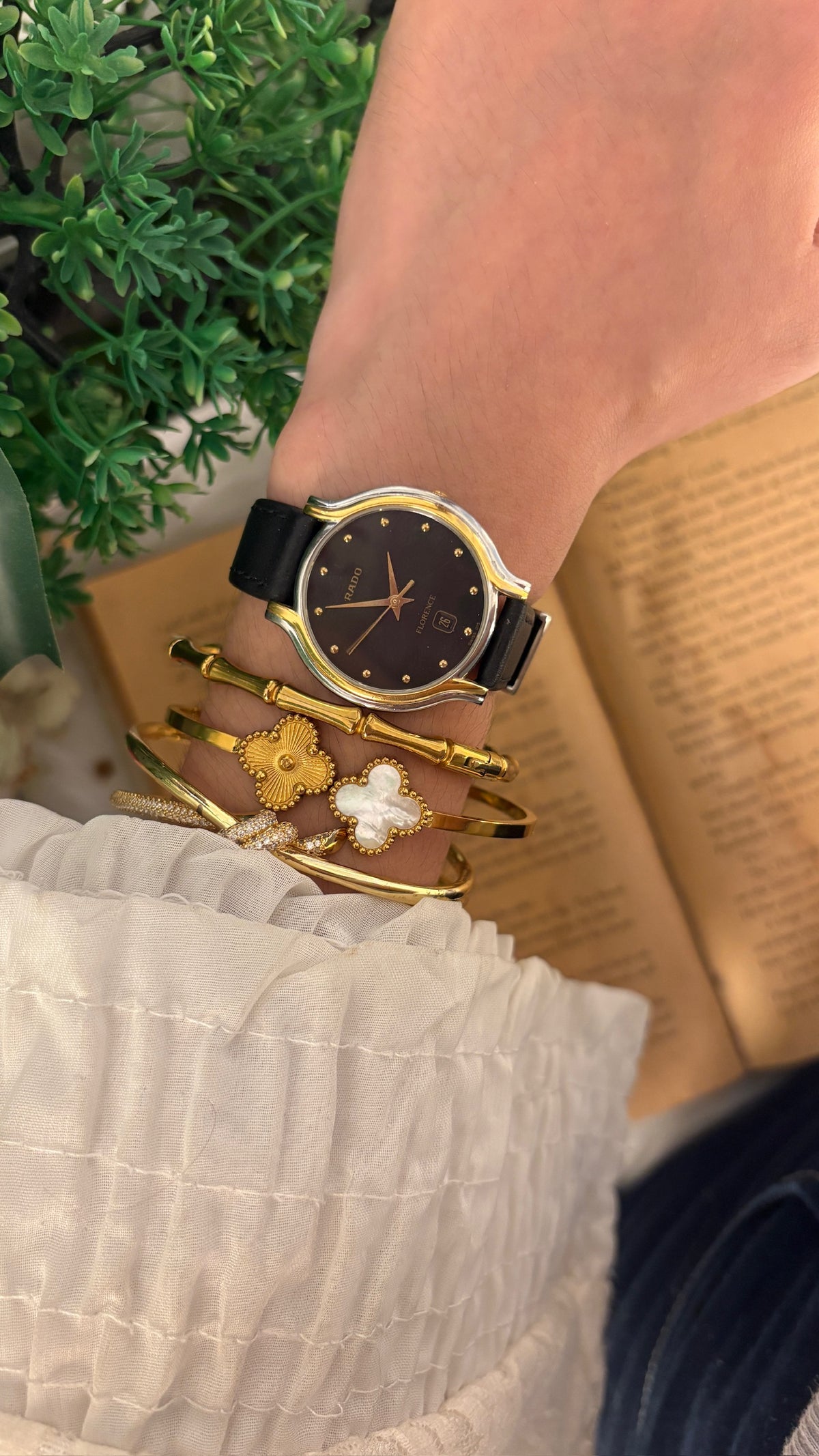 Rare Vintage Rado Swiss Florence Black Dial Date Window Watch in Two-Tone Black Leather