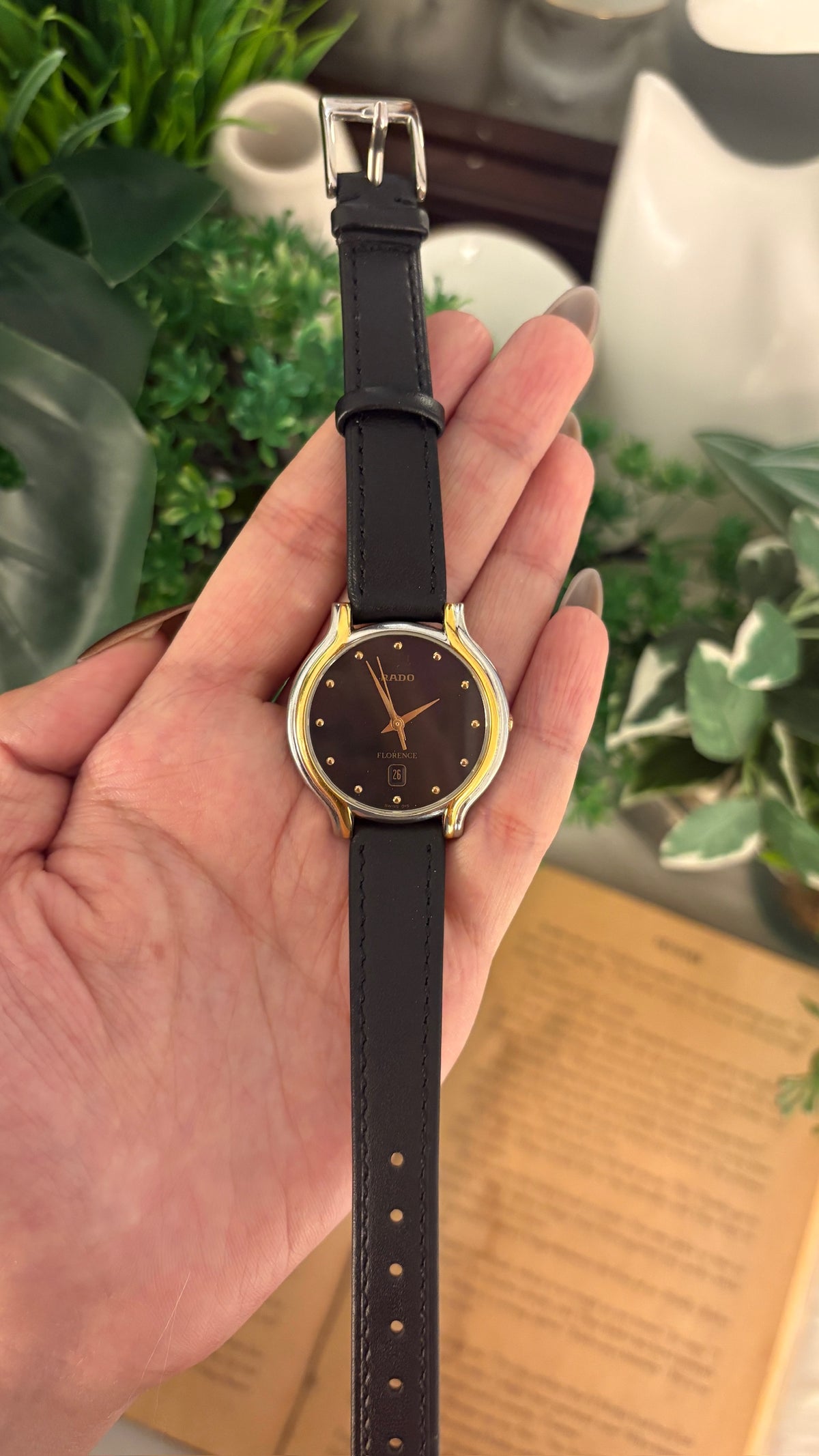 Rare Vintage Rado Swiss Florence Black Dial Date Window Watch in Two-Tone Black Leather
