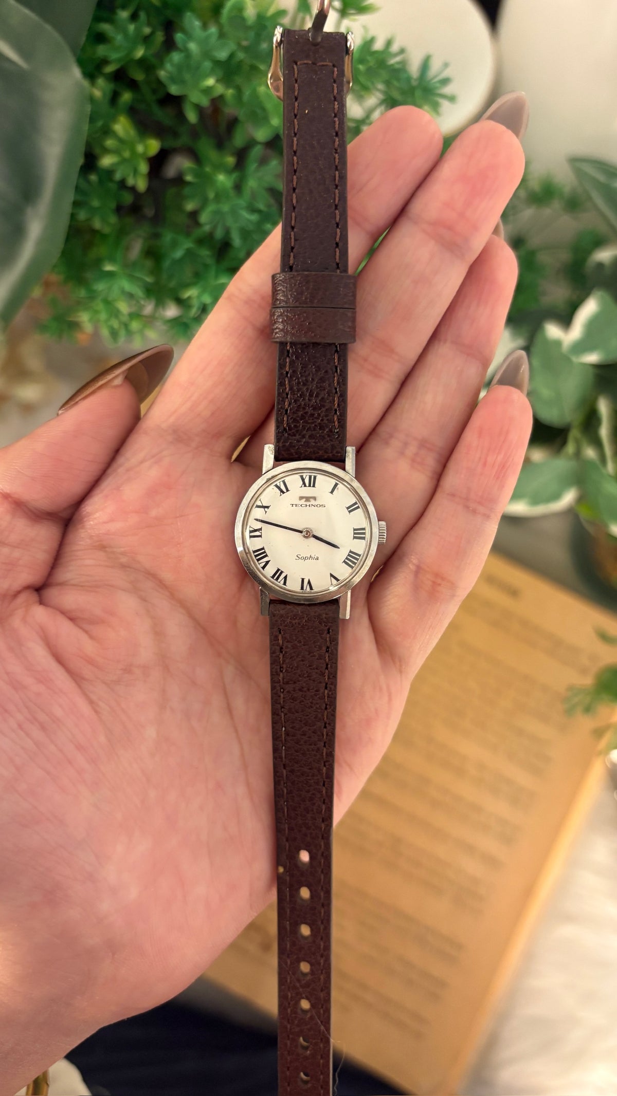 Rare Vintage Sophia Technos Roman Dial Watch in Silver Tone Brown Leather Quartz