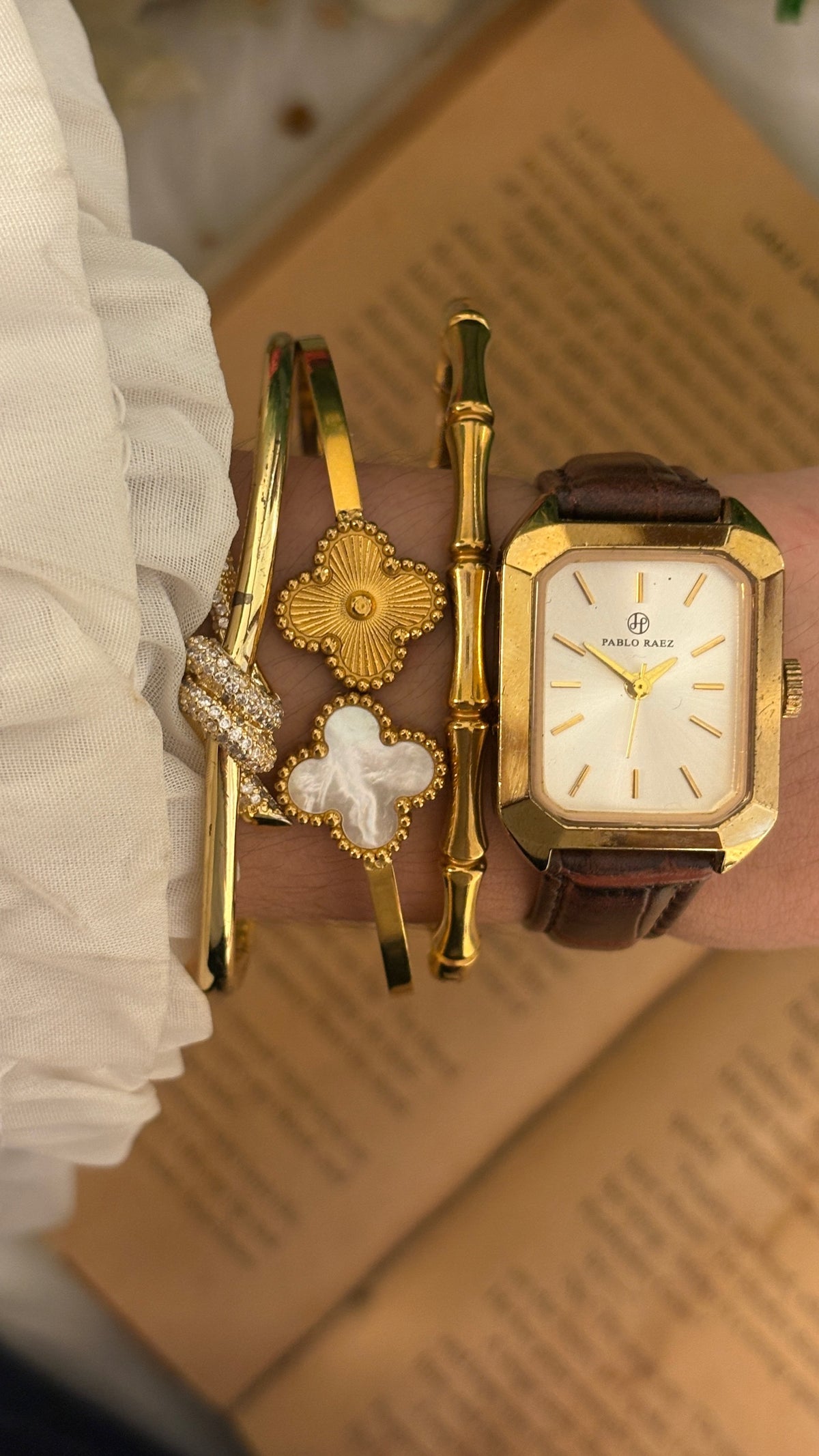 Vintage Pablo Raez Minimalist Tank Watch in Gold Tone Brown Leather Quartz