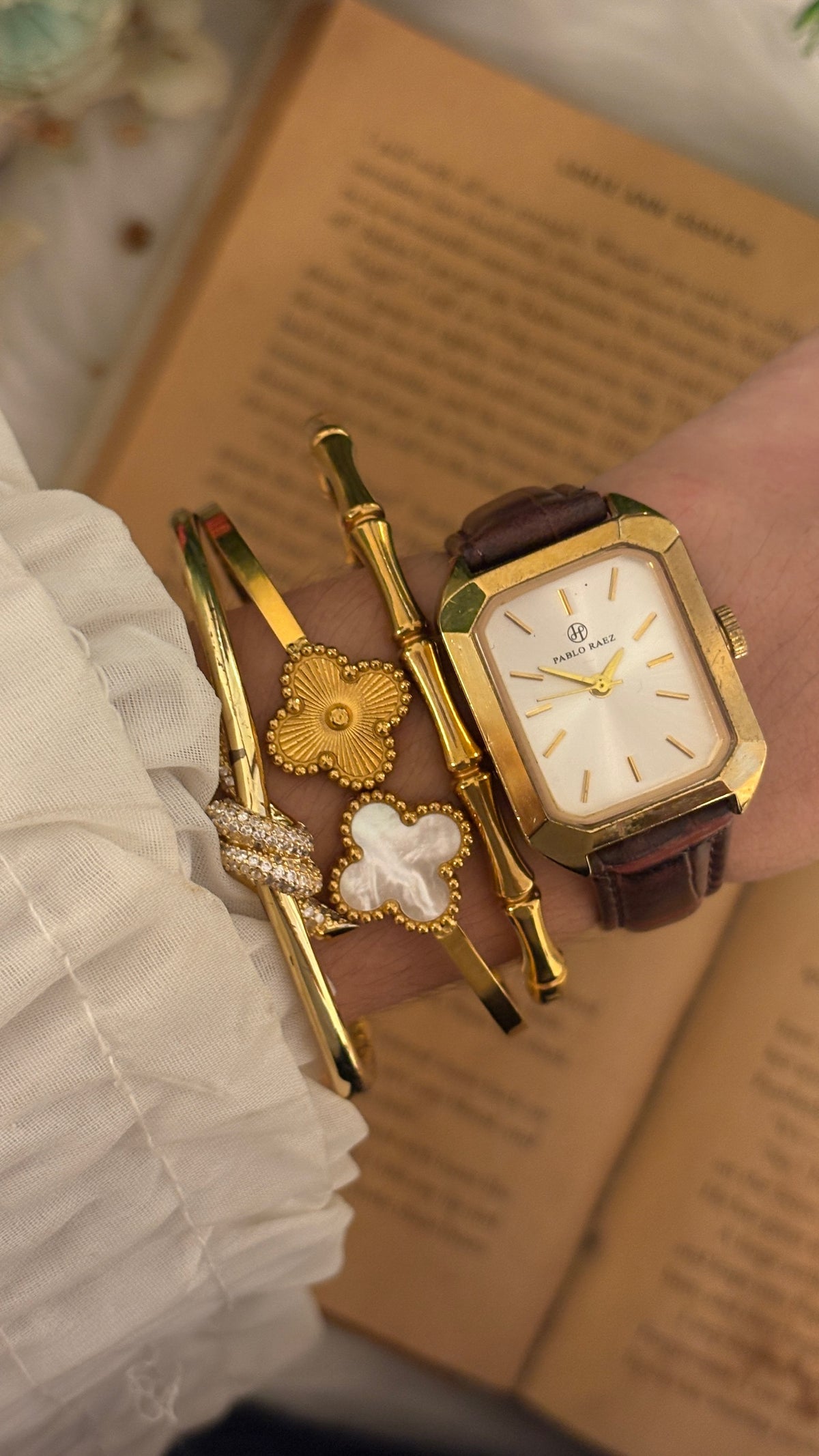 Vintage Pablo Raez Minimalist Tank Watch in Gold Tone Brown Leather Quartz