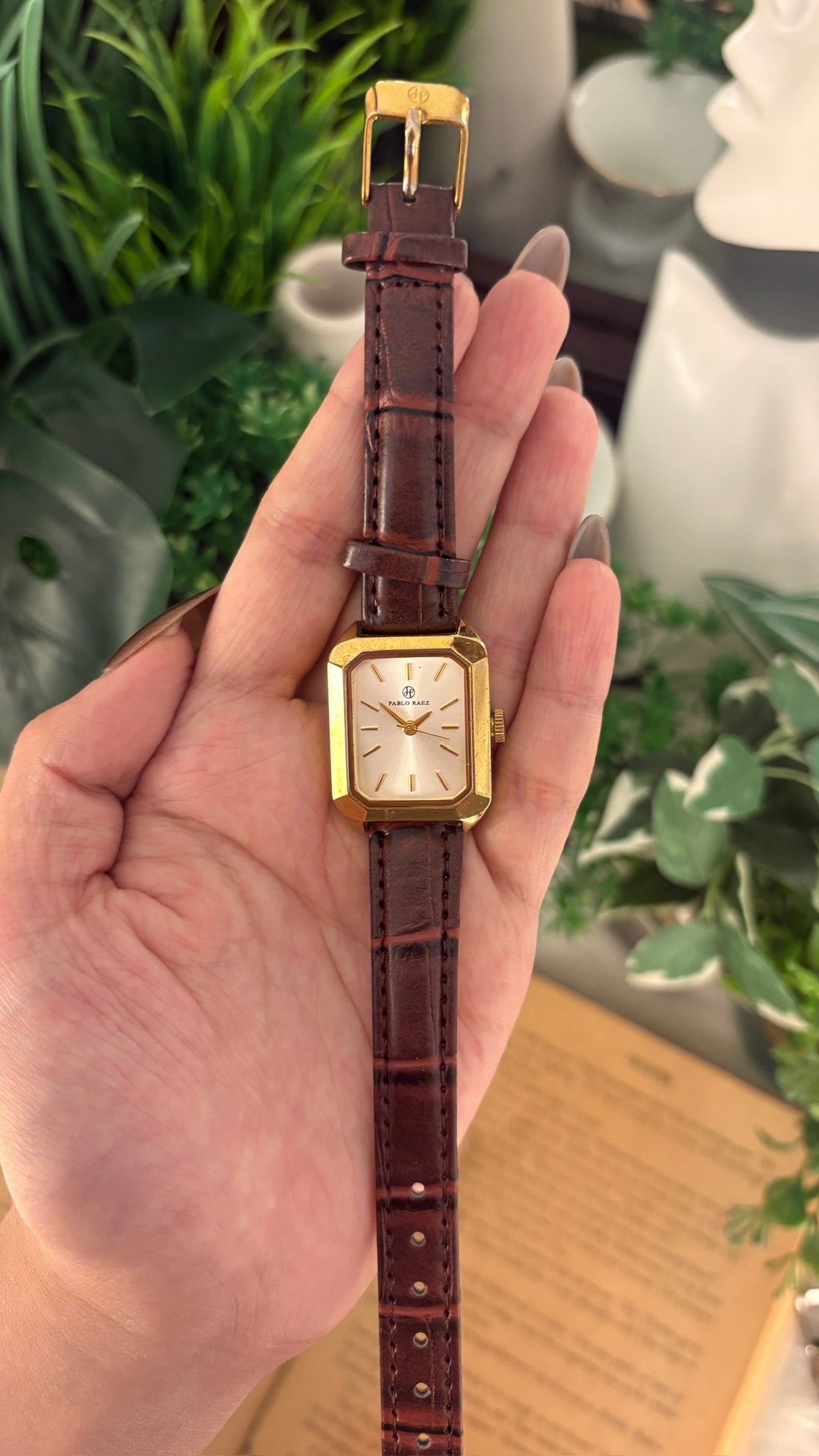 Vintage Pablo Raez Minimalist Tank Watch in Gold Tone Brown Leather Quartz