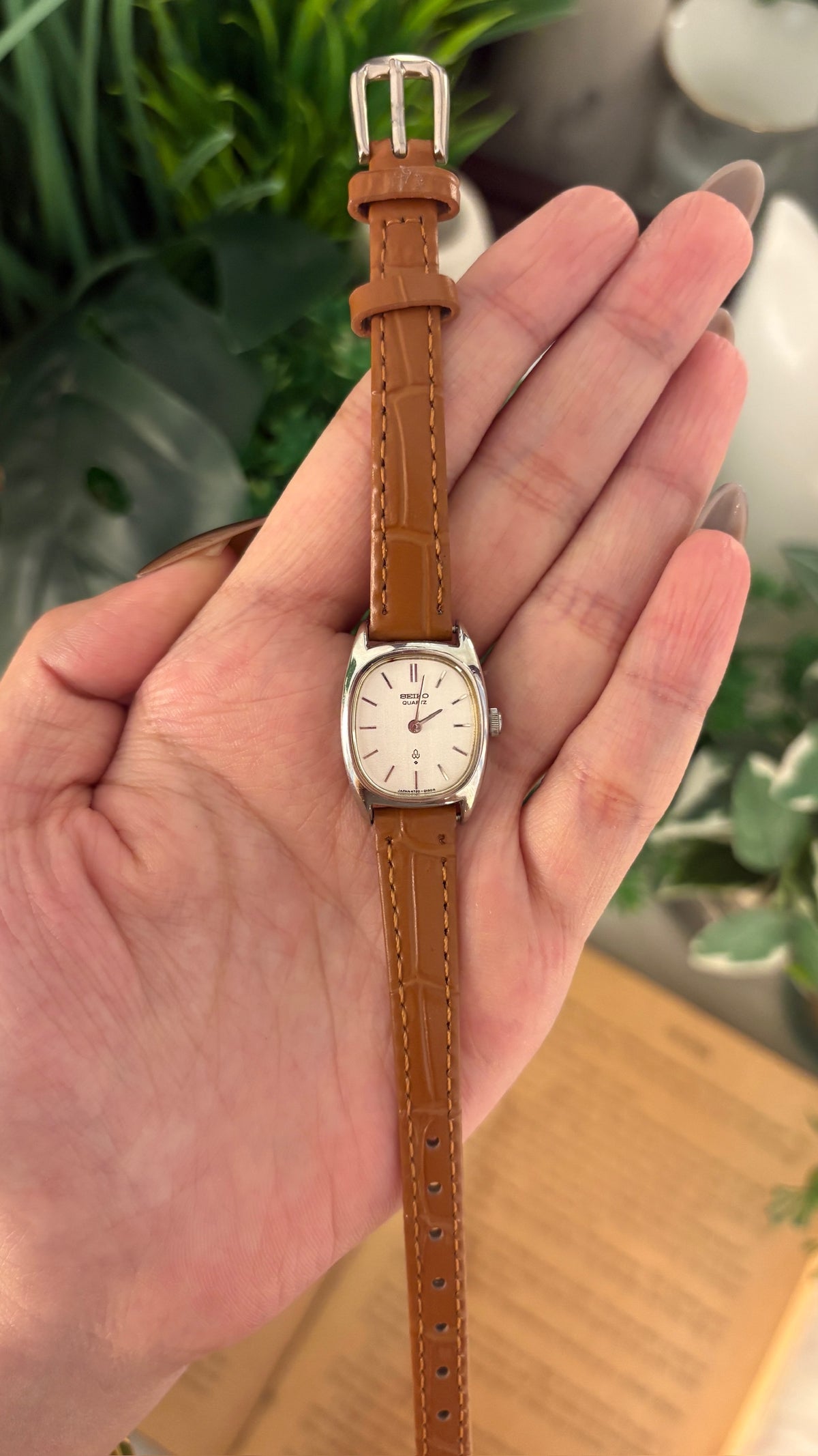 Rare Dainty Vintage Seiko Oval Dial Watch in Silver Tone Brown Leather Quartz