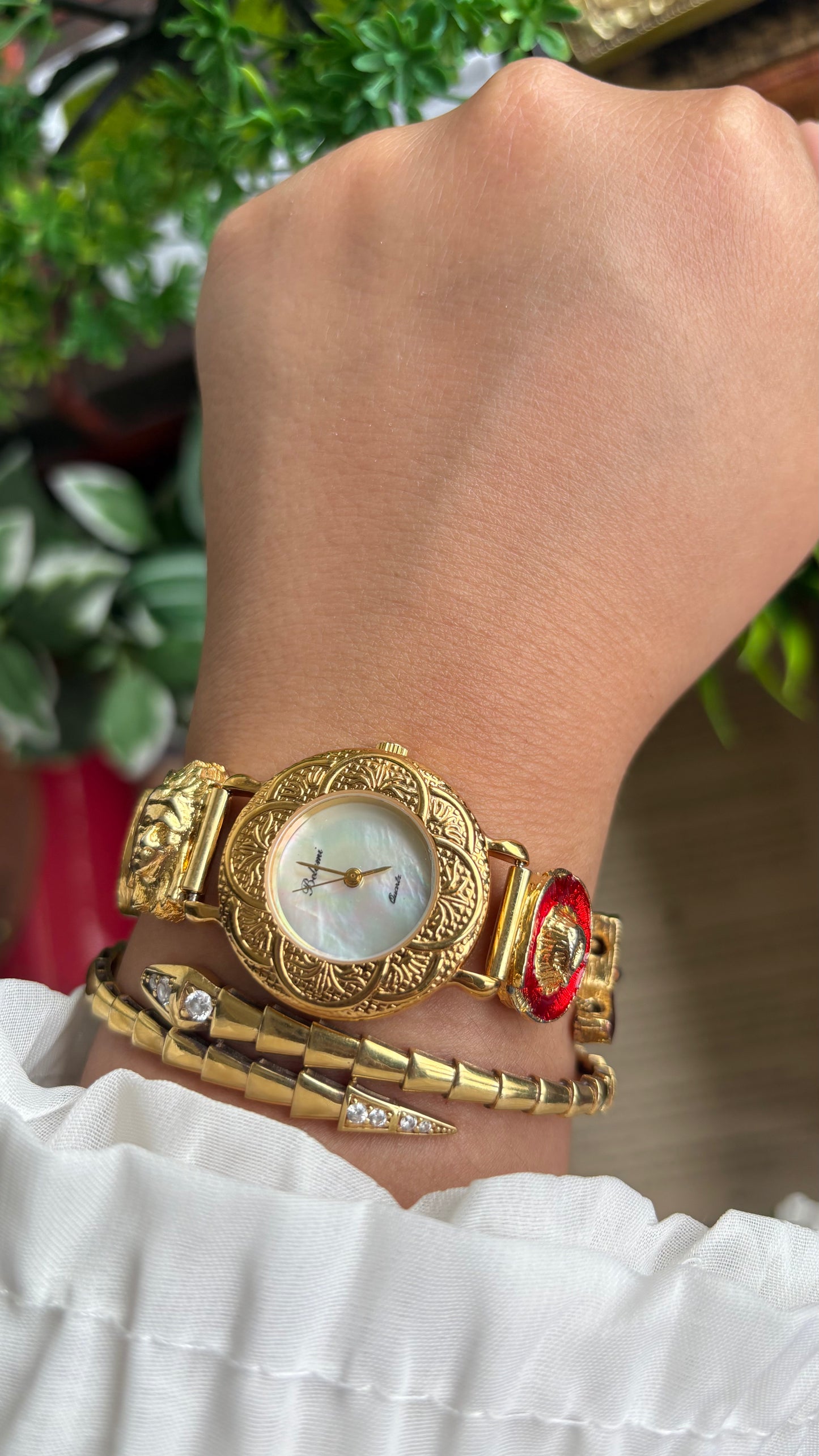 Vintage Belami Rare Cowgirl Charm Watch in Gold Tone Mother of Pearl Dial