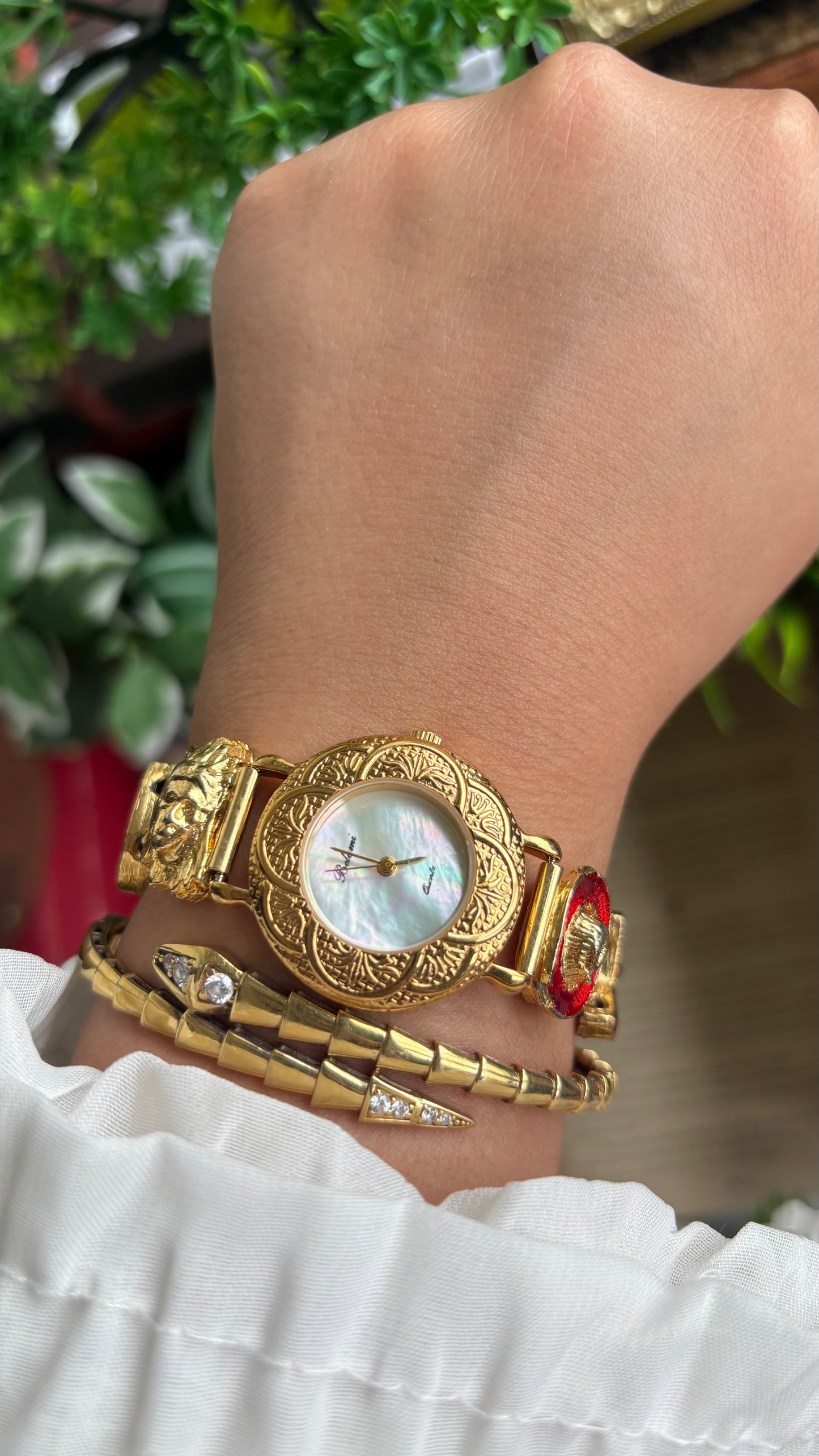 Vintage Belami Rare Cowgirl Charm Watch in Gold Tone Mother of Pearl Dial