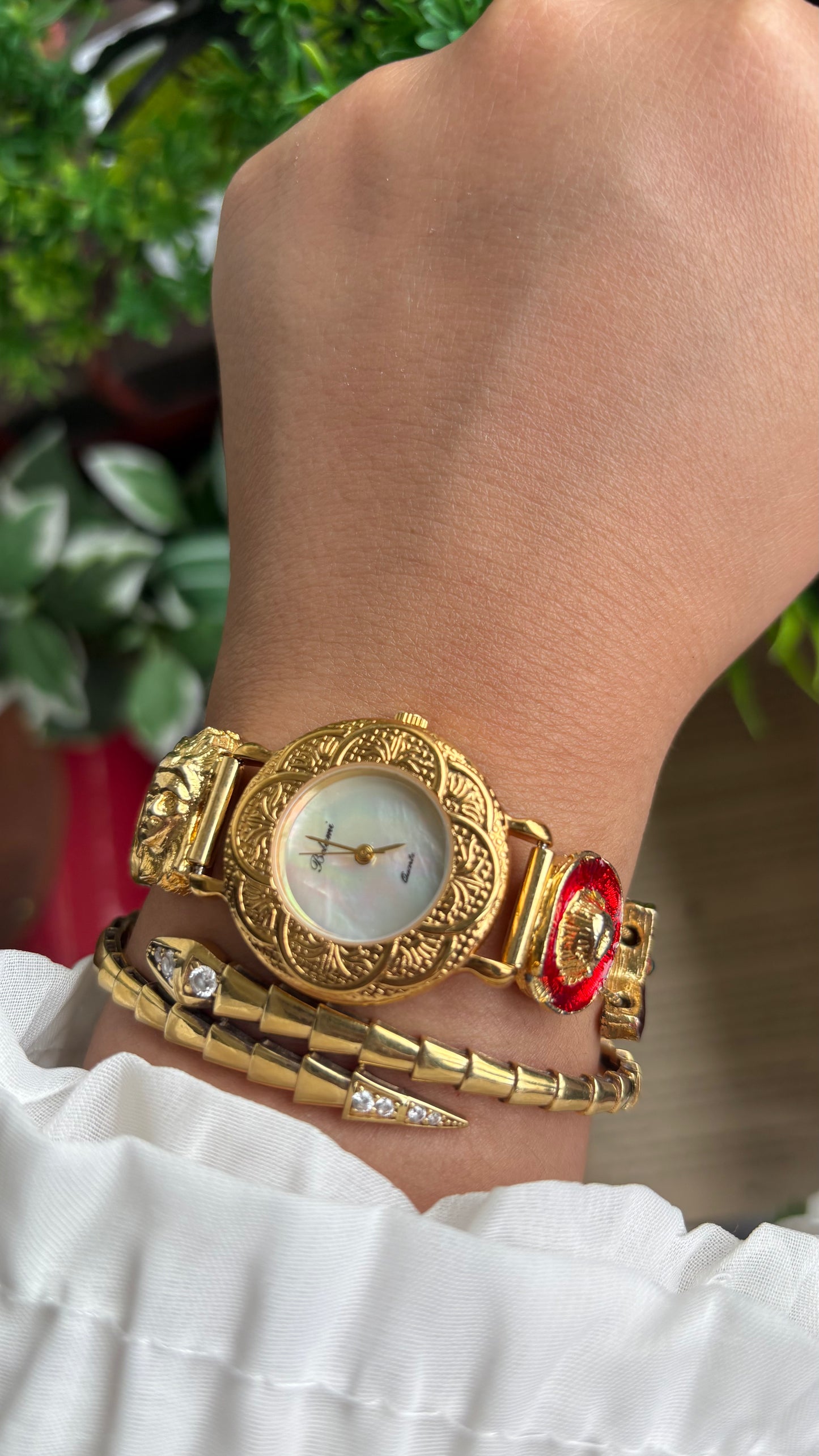 Vintage Belami Rare Cowgirl Charm Watch in Gold Tone Mother of Pearl Dial