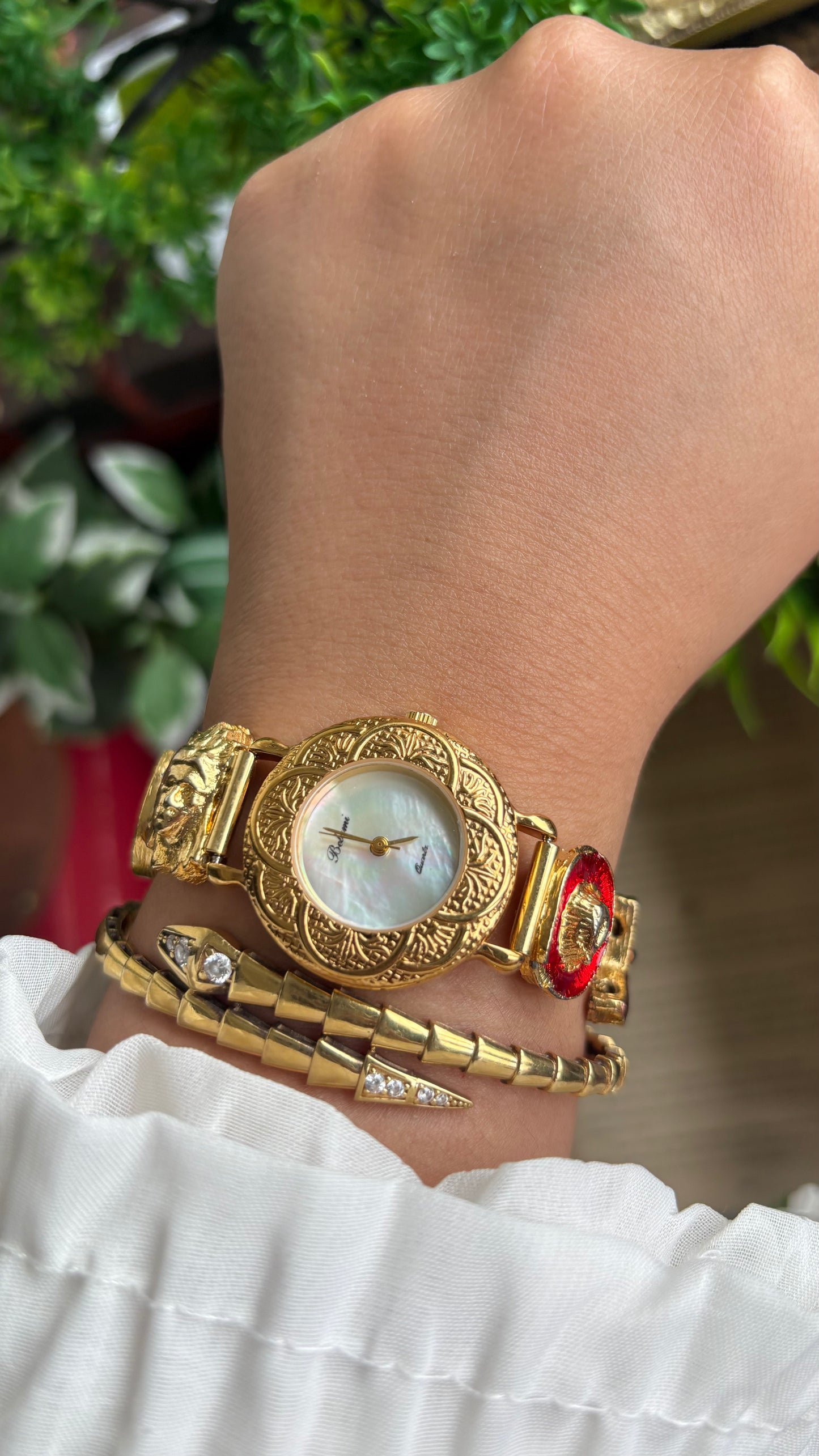 Vintage Belami Rare Cowgirl Charm Watch in Gold Tone Mother of Pearl Dial