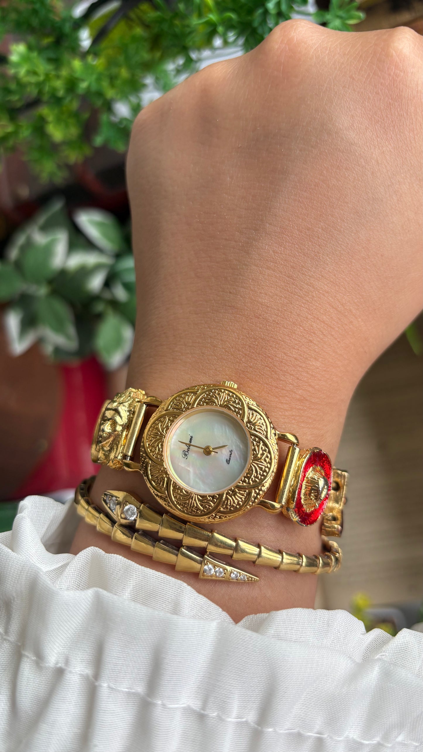 Vintage Belami Rare Cowgirl Charm Watch in Gold Tone Mother of Pearl Dial