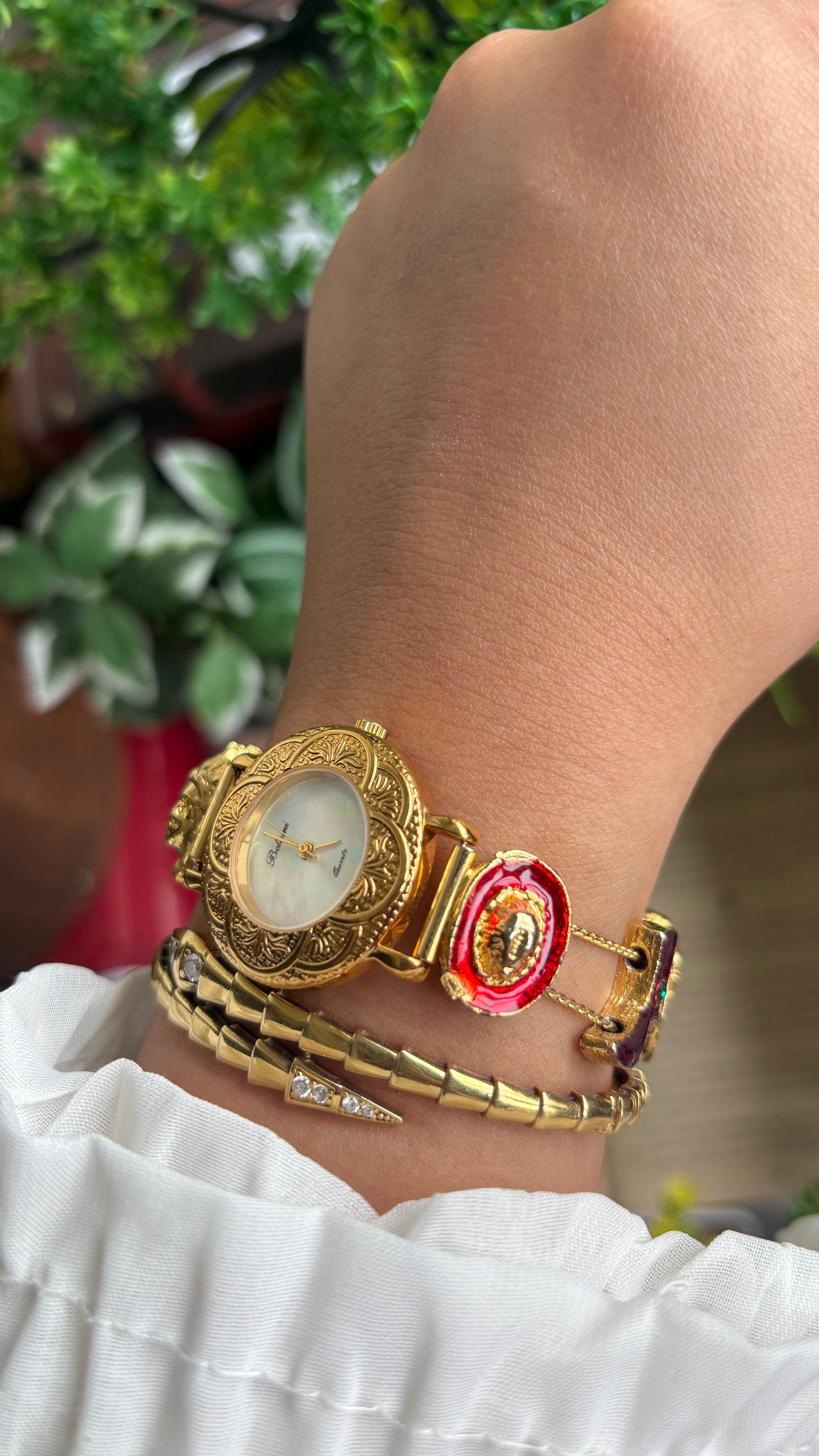 Vintage Belami Rare Cowgirl Charm Watch in Gold Tone Mother of Pearl Dial