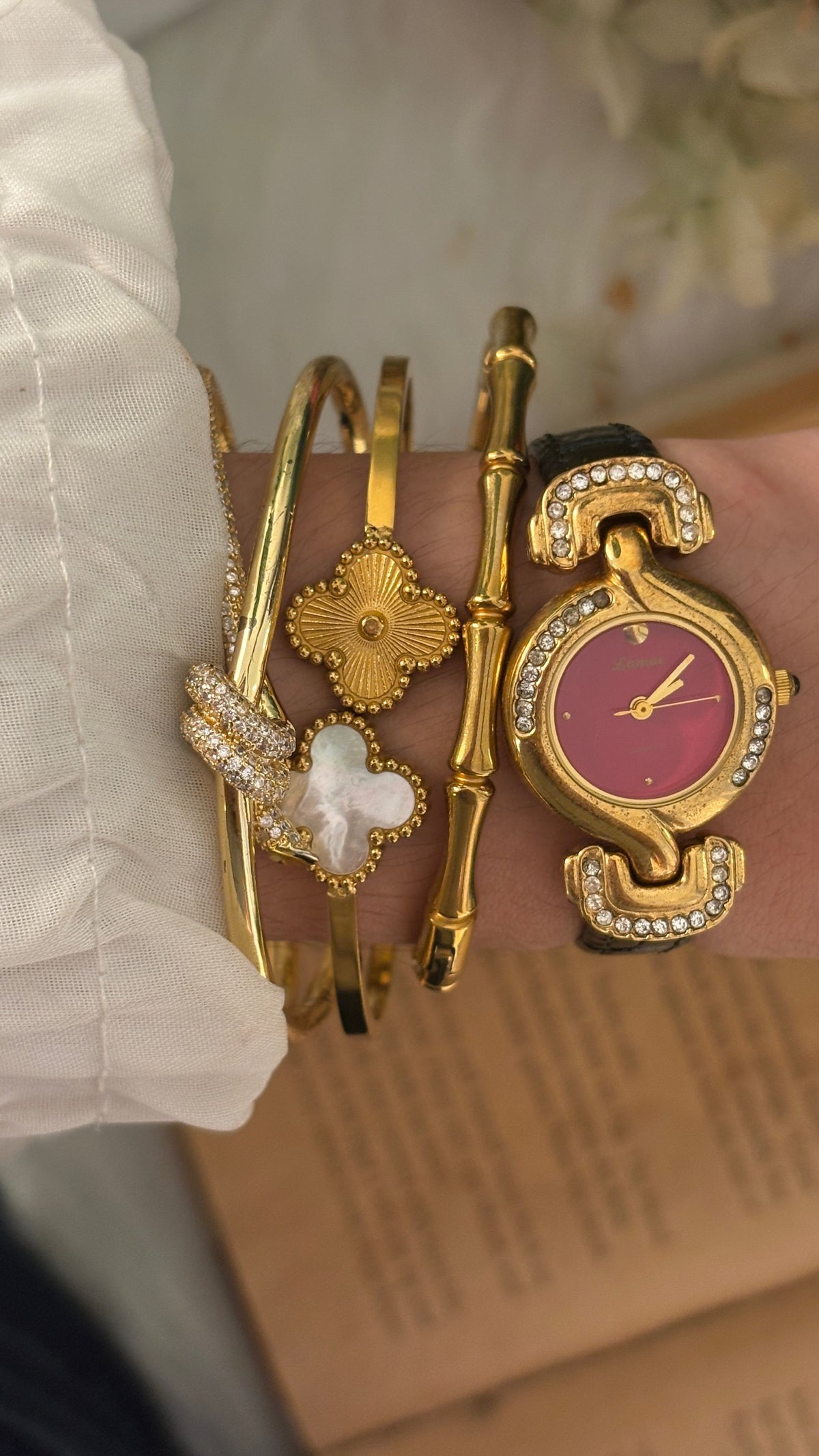 Rare Vintage Lamue Red Dial Bejweled Watch in Gold Tone Black Leather Quartz