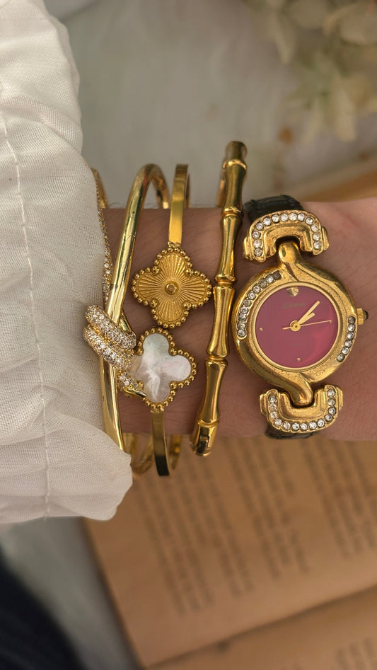 Rare Vintage Lamue Red Dial Bejweled Watch in Gold Tone Black Leather Quartz