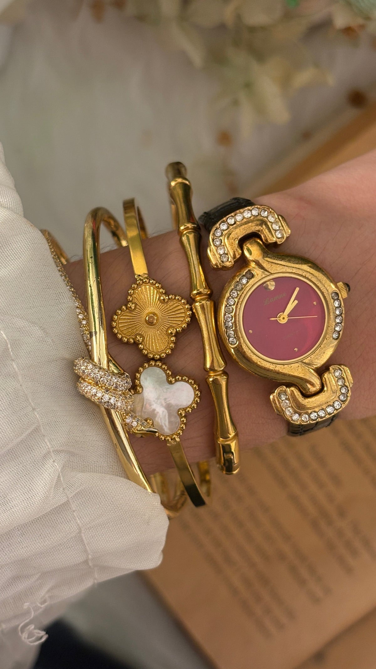 Rare Vintage Lamue Red Dial Bejweled Watch in Gold Tone Black Leather Quartz