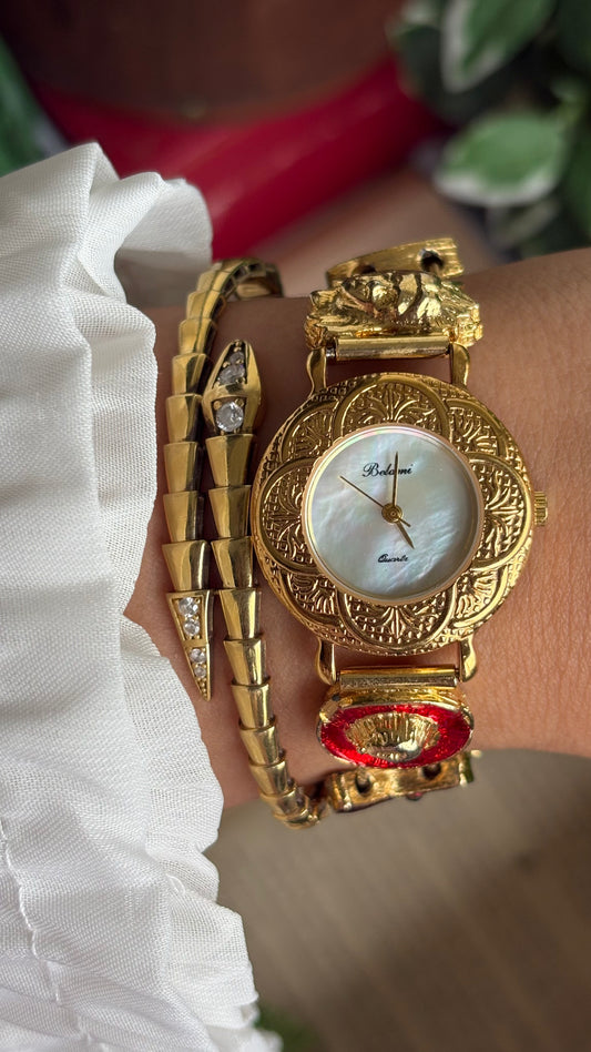 Vintage Belami Rare Cowgirl Charm Watch in Gold Tone Mother of Pearl Dial