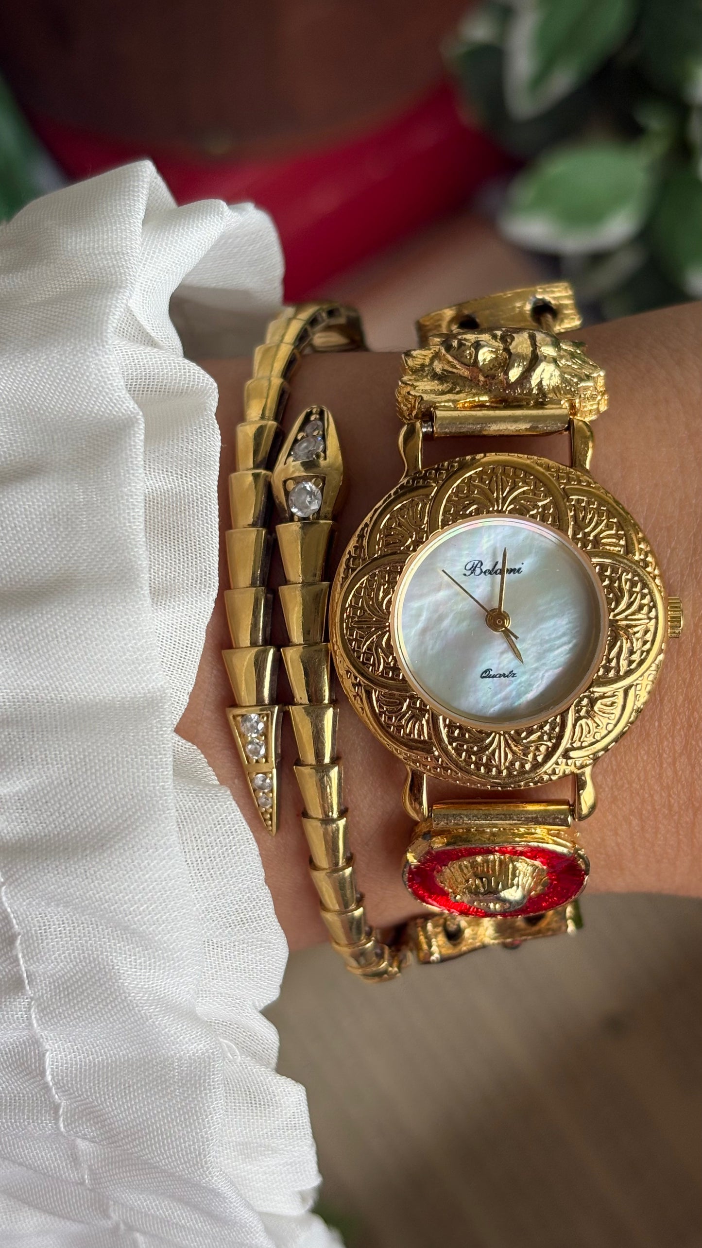 Vintage Belami Rare Cowgirl Charm Watch in Gold Tone Mother of Pearl Dial