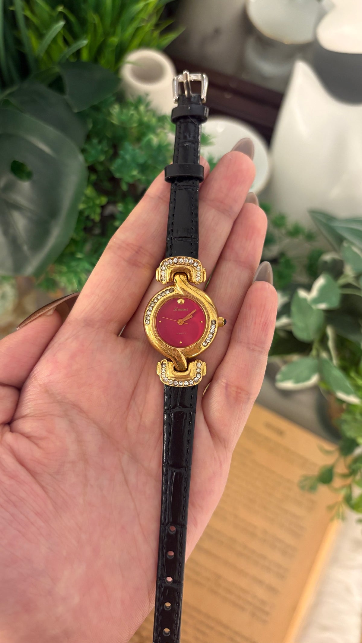 Rare Vintage Lamue Red Dial Bejweled Watch in Gold Tone Black Leather Quartz