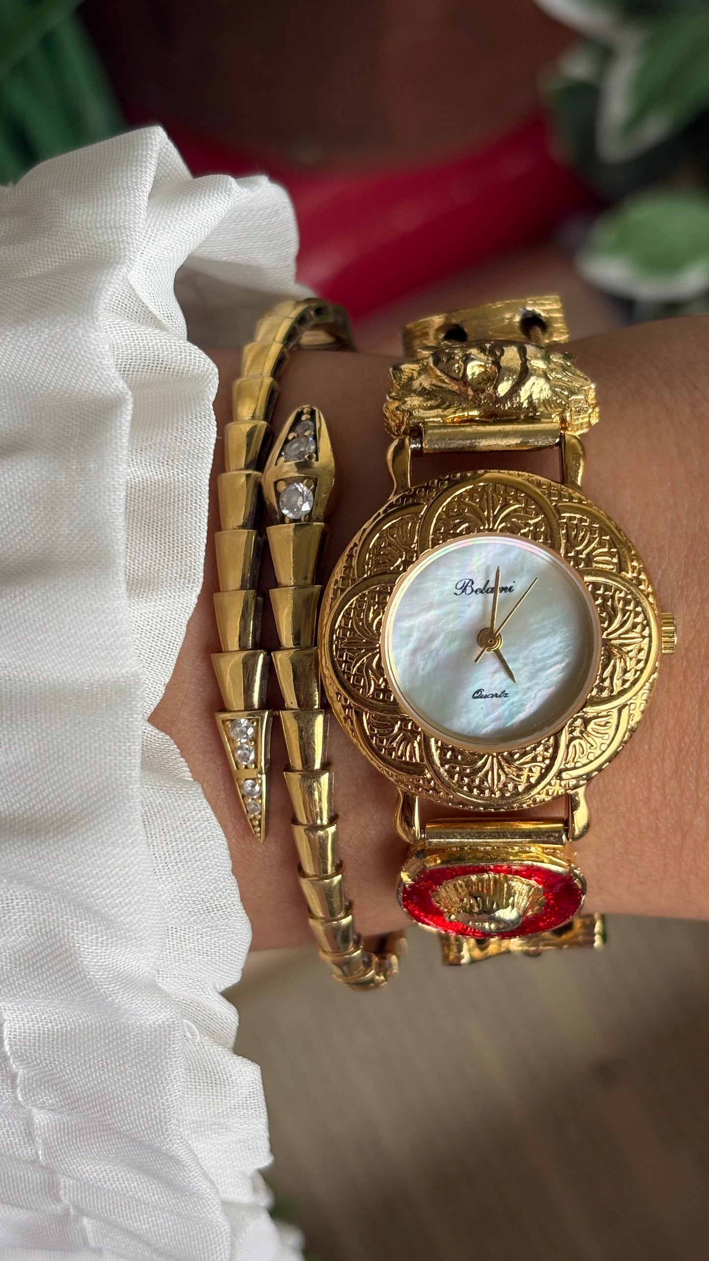 Vintage Belami Rare Cowgirl Charm Watch in Gold Tone Mother of Pearl Dial