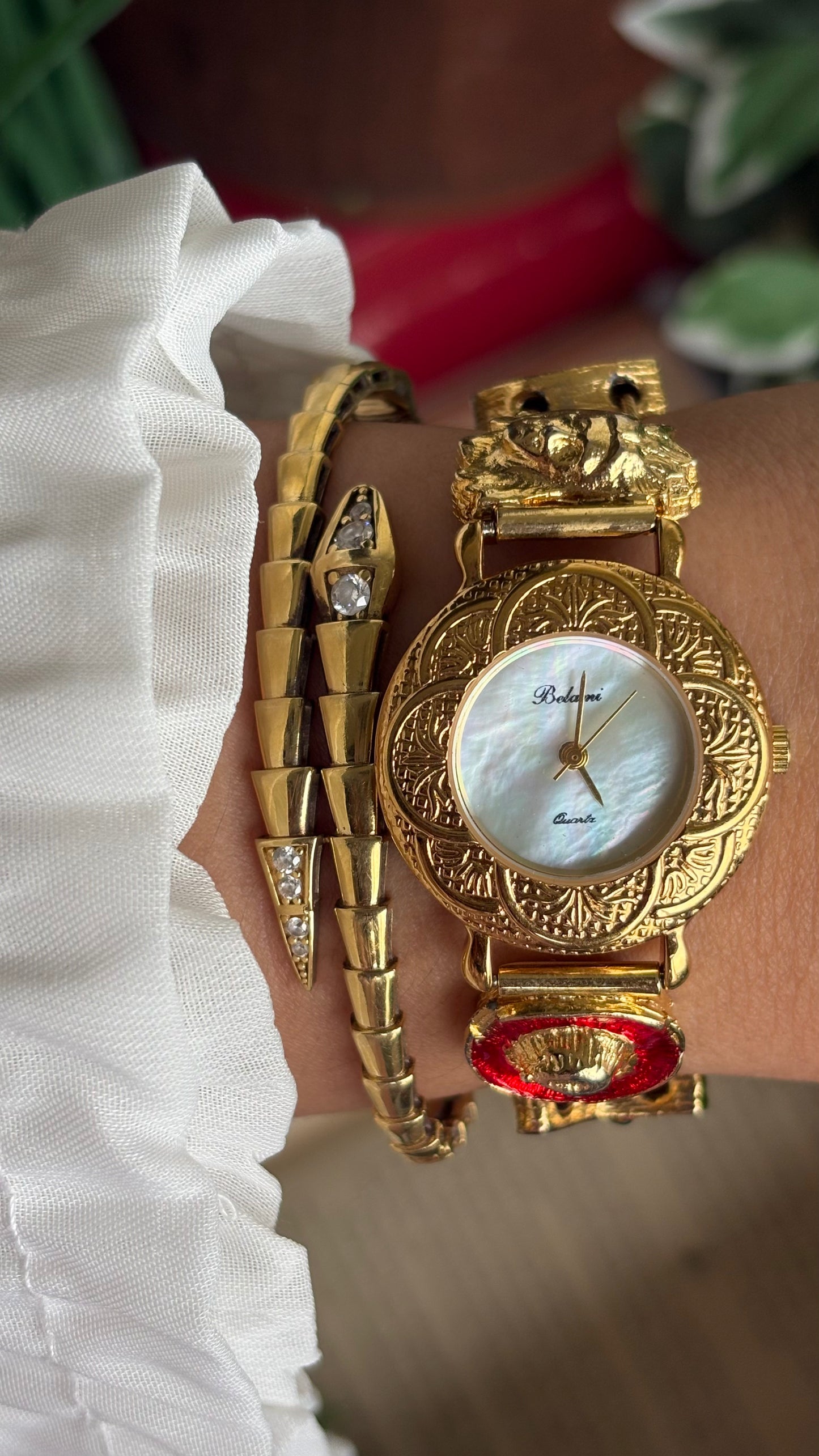 Vintage Belami Rare Cowgirl Charm Watch in Gold Tone Mother of Pearl Dial
