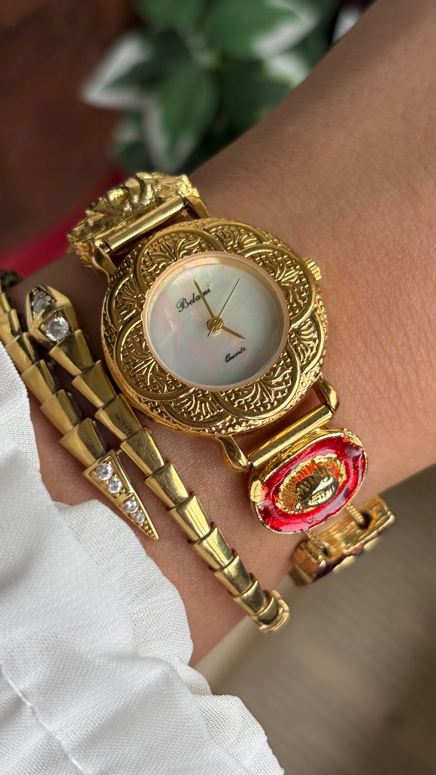 Vintage Belami Rare Cowgirl Charm Watch in Gold Tone Mother of Pearl Dial