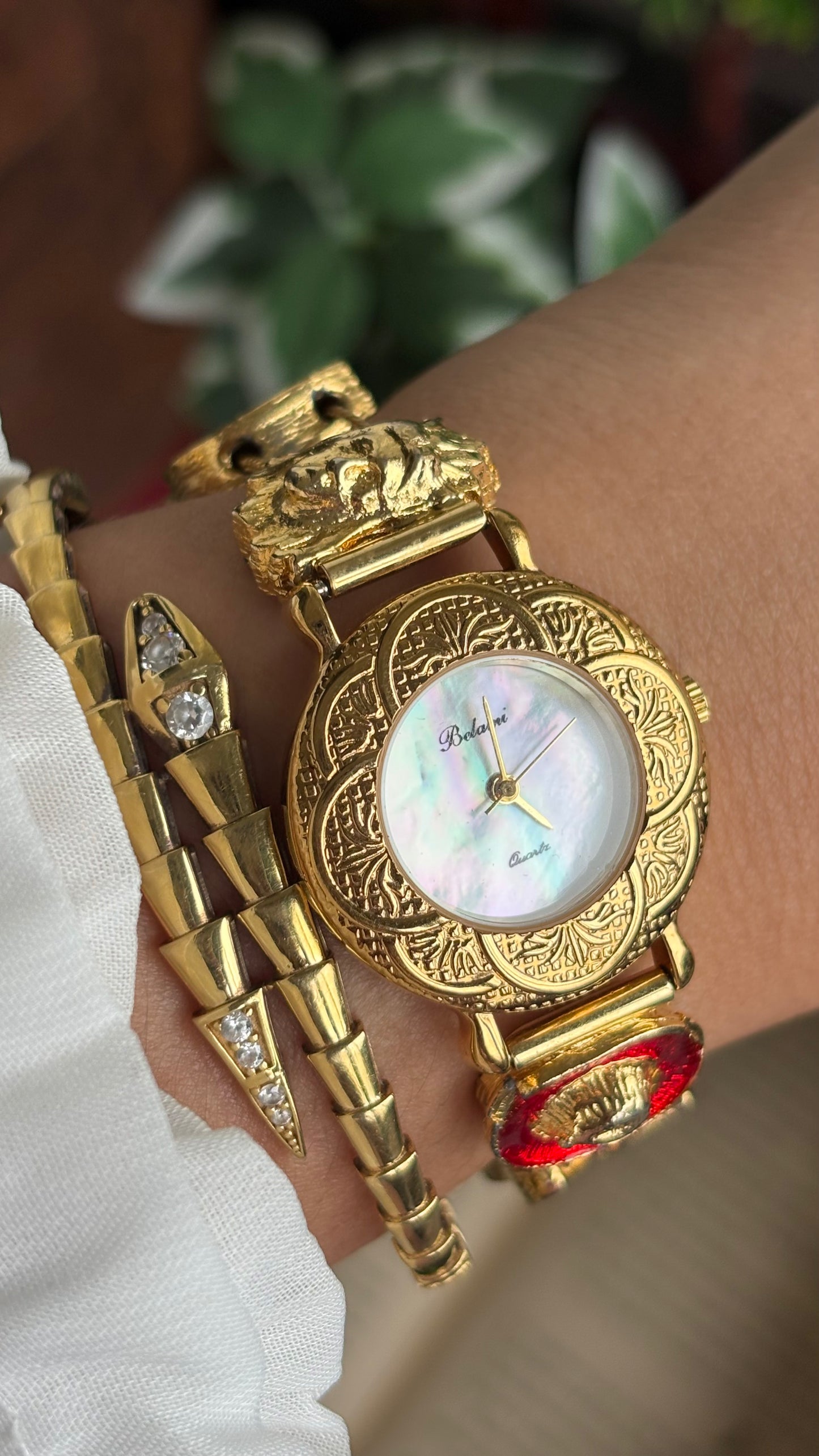 Vintage Belami Rare Cowgirl Charm Watch in Gold Tone Mother of Pearl Dial