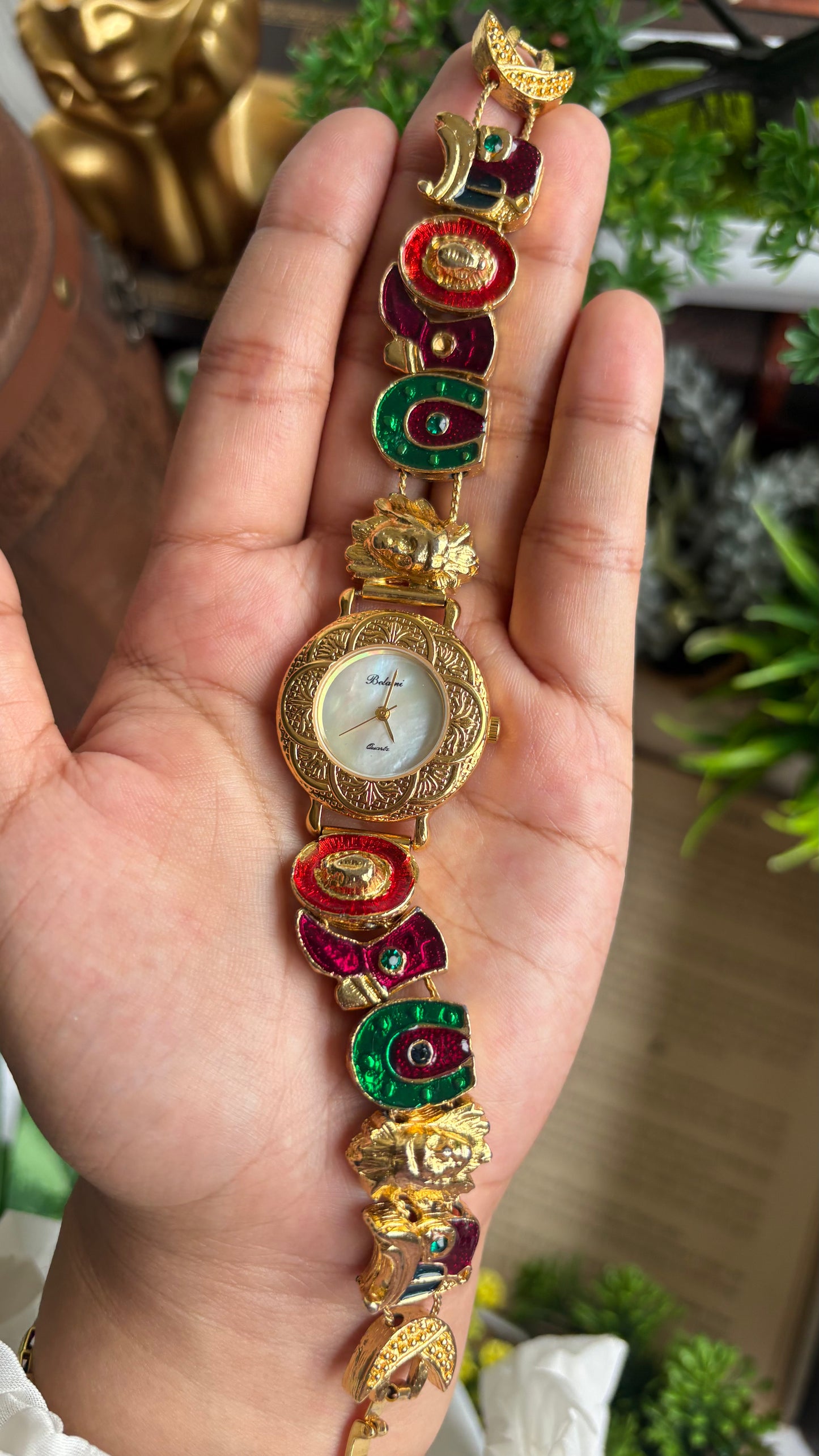 Vintage Belami Rare Cowgirl Charm Watch in Gold Tone Mother of Pearl Dial