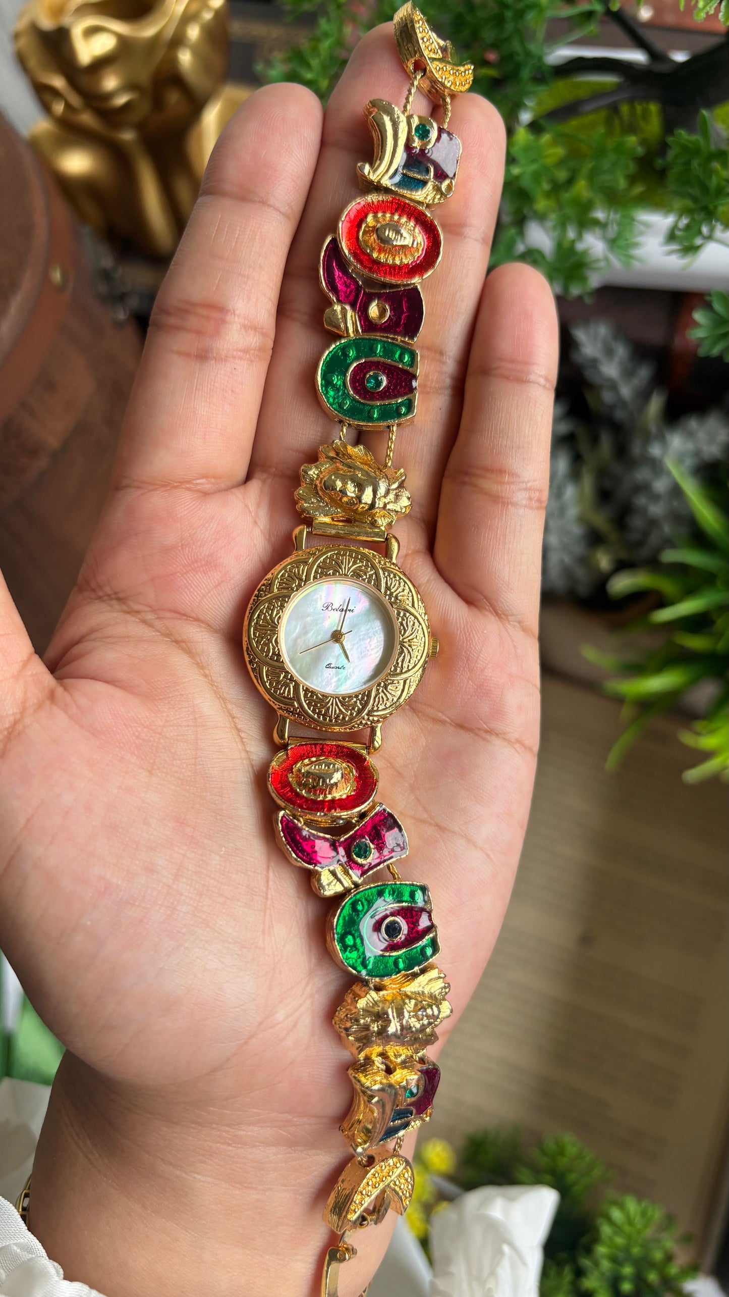 Vintage Belami Rare Cowgirl Charm Watch in Gold Tone Mother of Pearl Dial