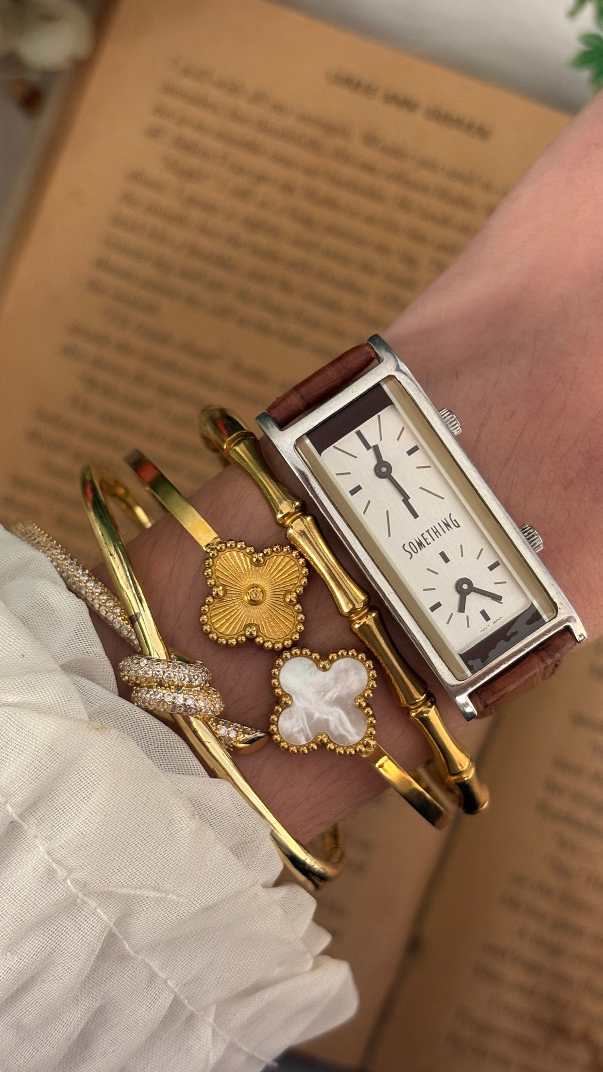 Rare Vintage Something Dual Time Tank Watch in Silver Tone Brown Leather Quartz