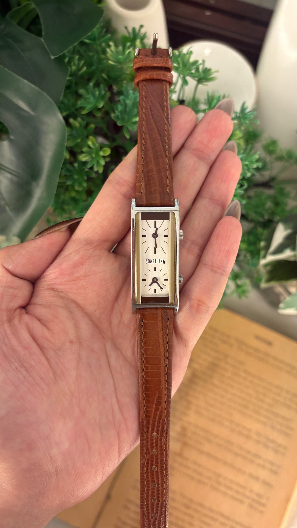 Rare Vintage Something Dual Time Tank Watch in Silver Tone Brown Leather Quartz