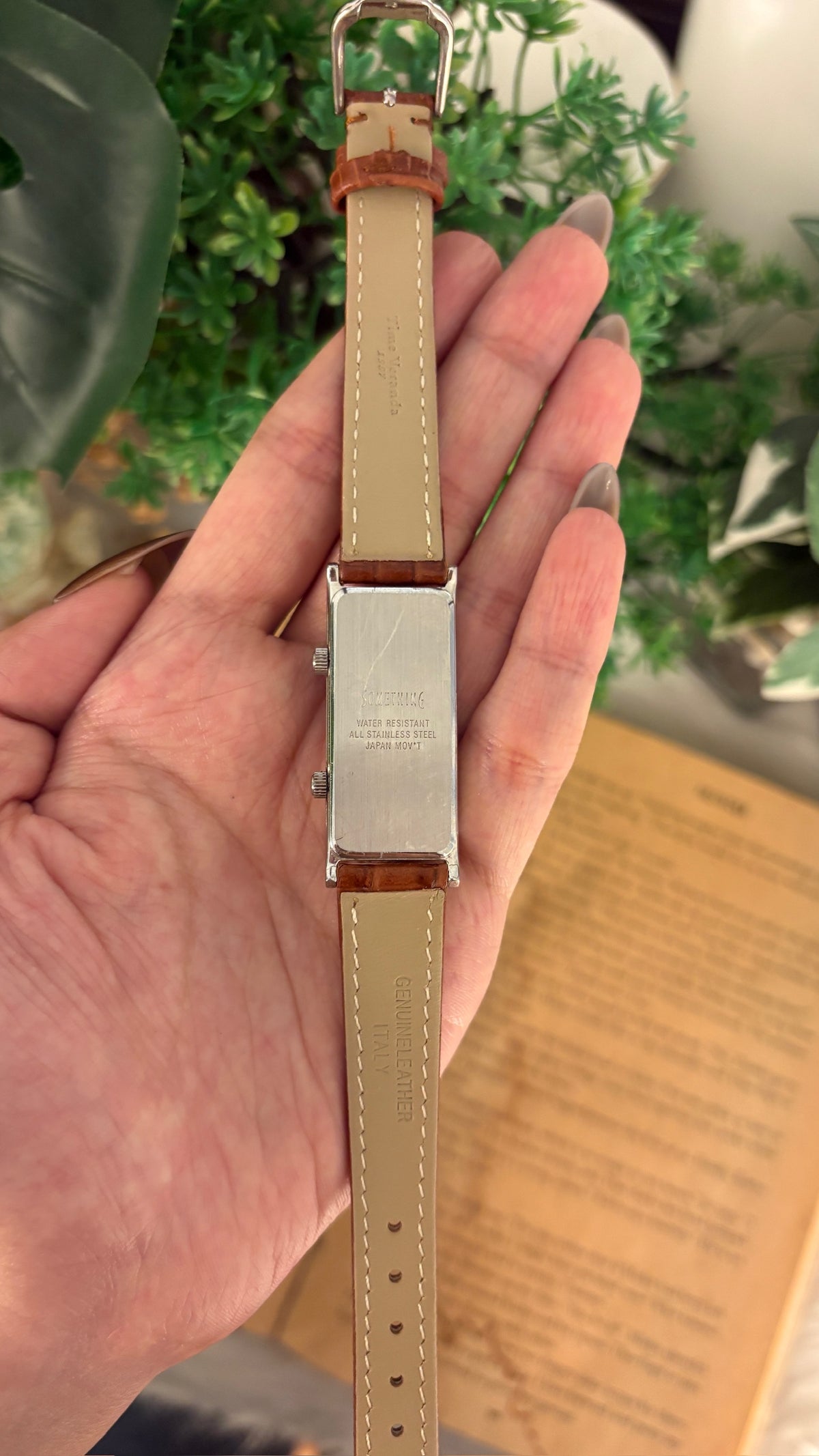 Rare Vintage Something Dual Time Tank Watch in Silver Tone Brown Leather Quartz