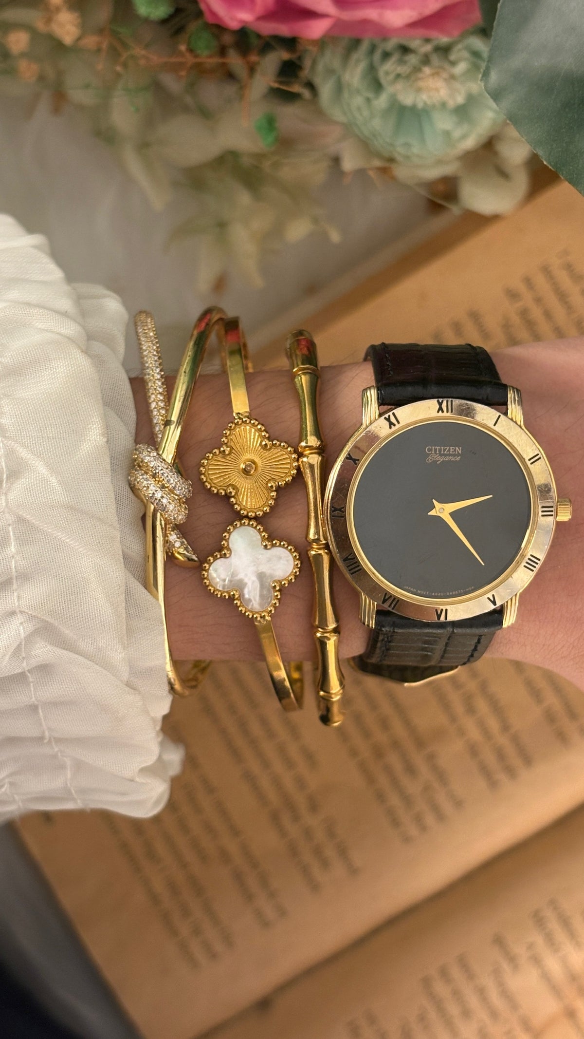 Rare Vintage Citizen Elegance Black Dial Watch in Gold Tone Black Leather Quartz