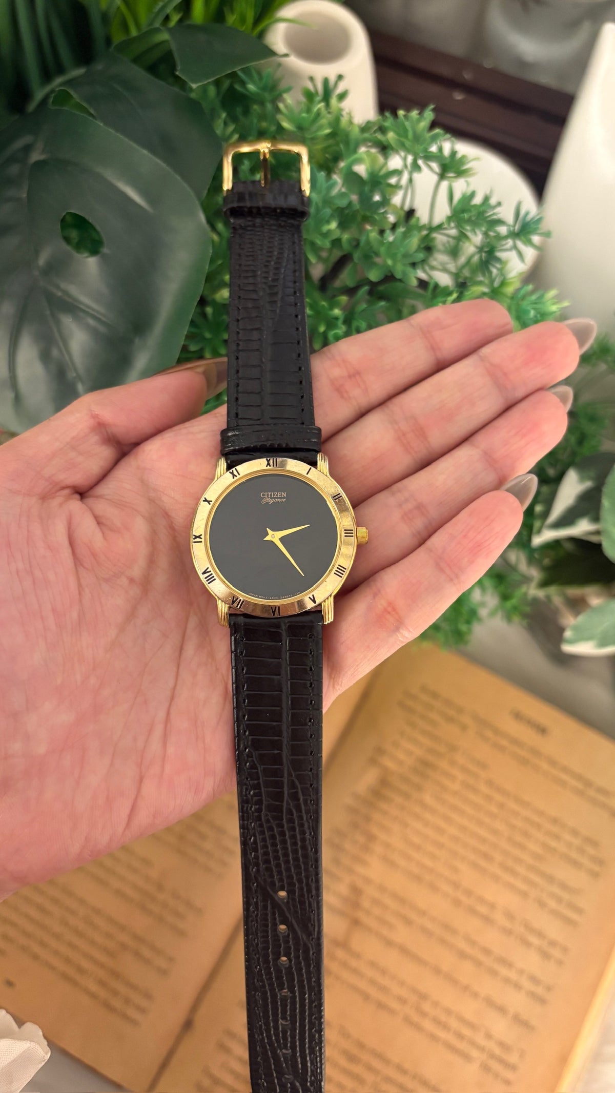 Rare Vintage Citizen Elegance Black Dial Watch in Gold Tone Black Leather Quartz