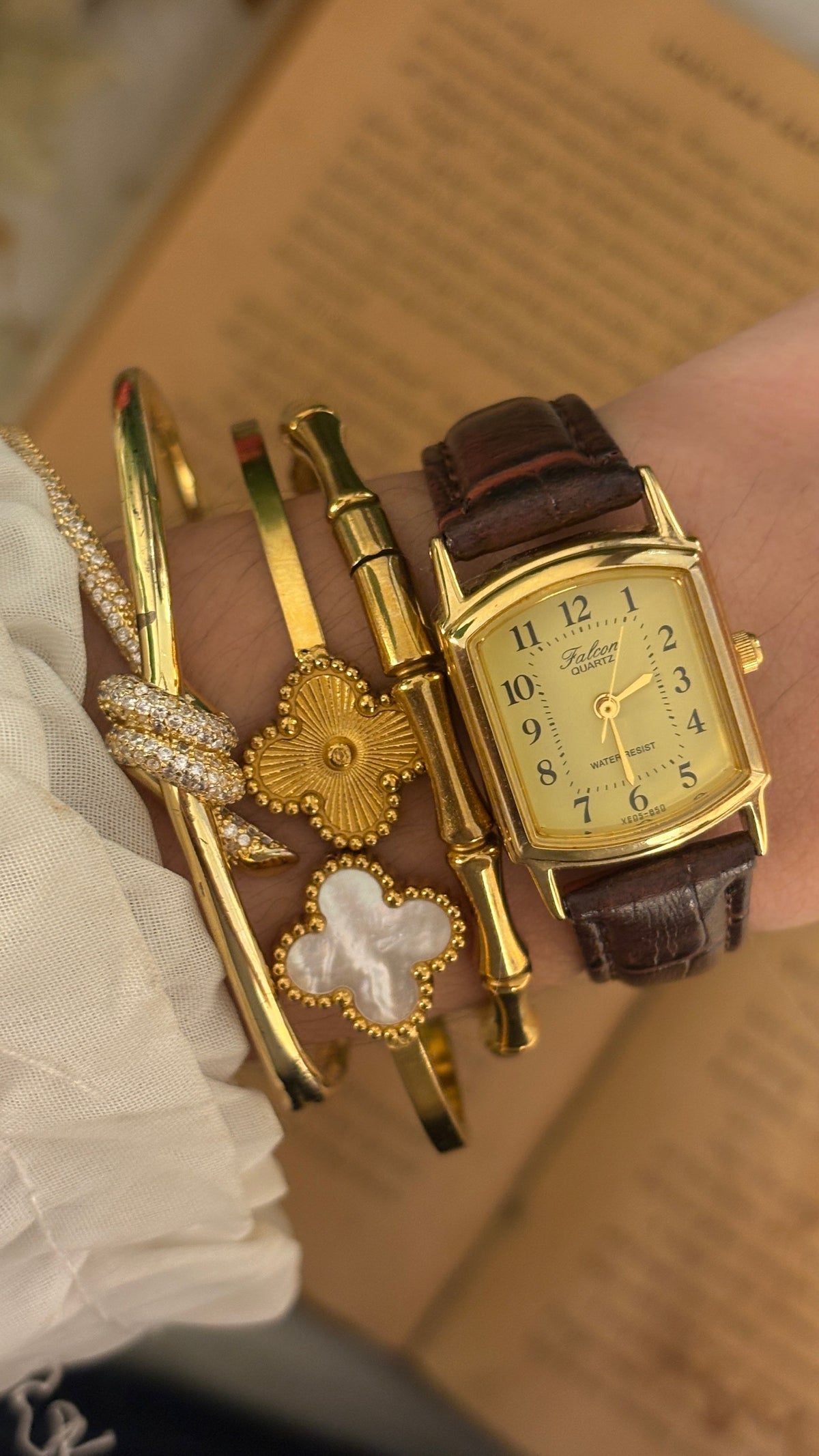 Rare Vintage Falcon Yellow Dial Tank Watch in Gold Tone Brown Leather Quartz