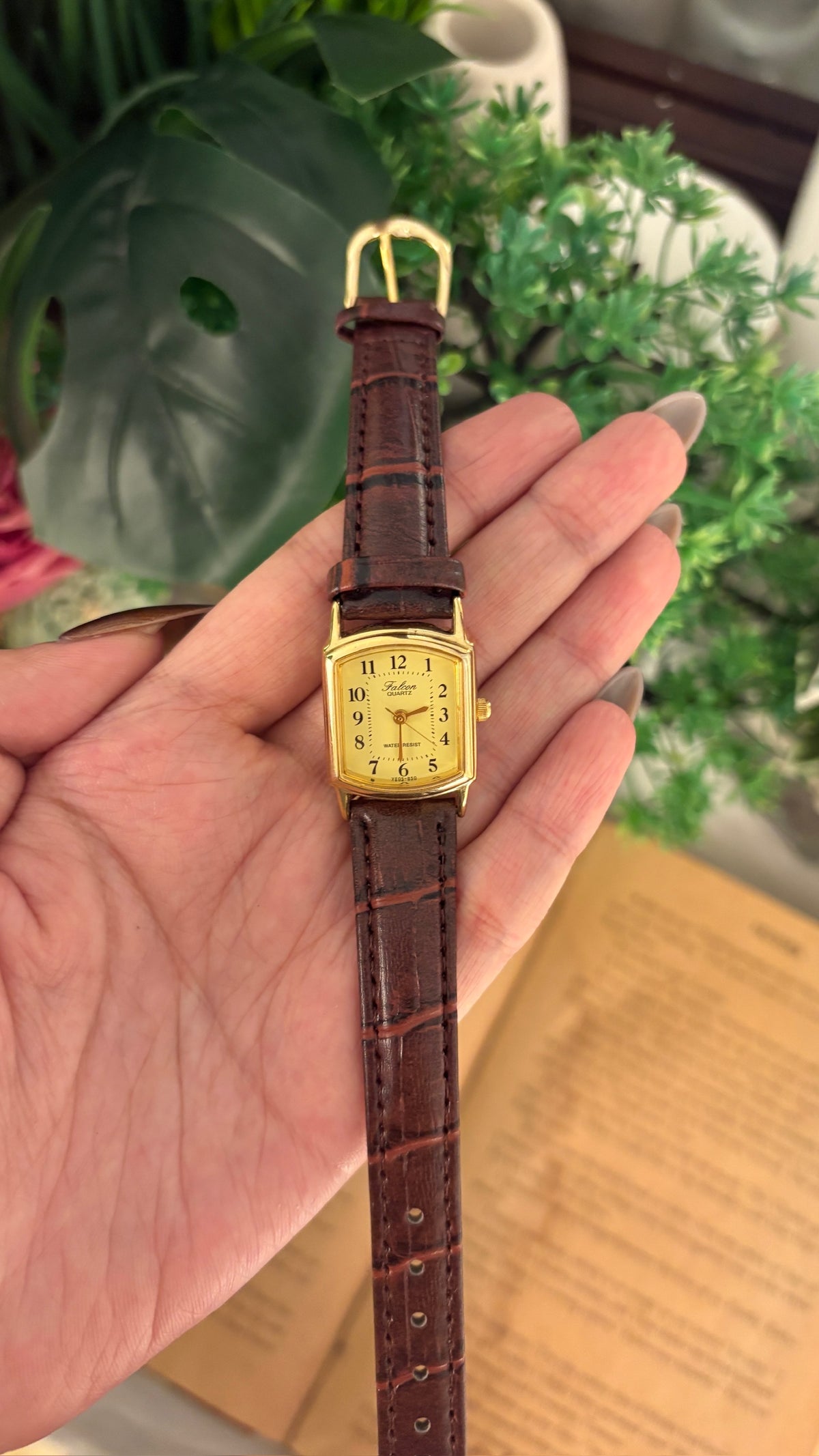 Rare Vintage Falcon Yellow Dial Tank Watch in Gold Tone Brown Leather Quartz