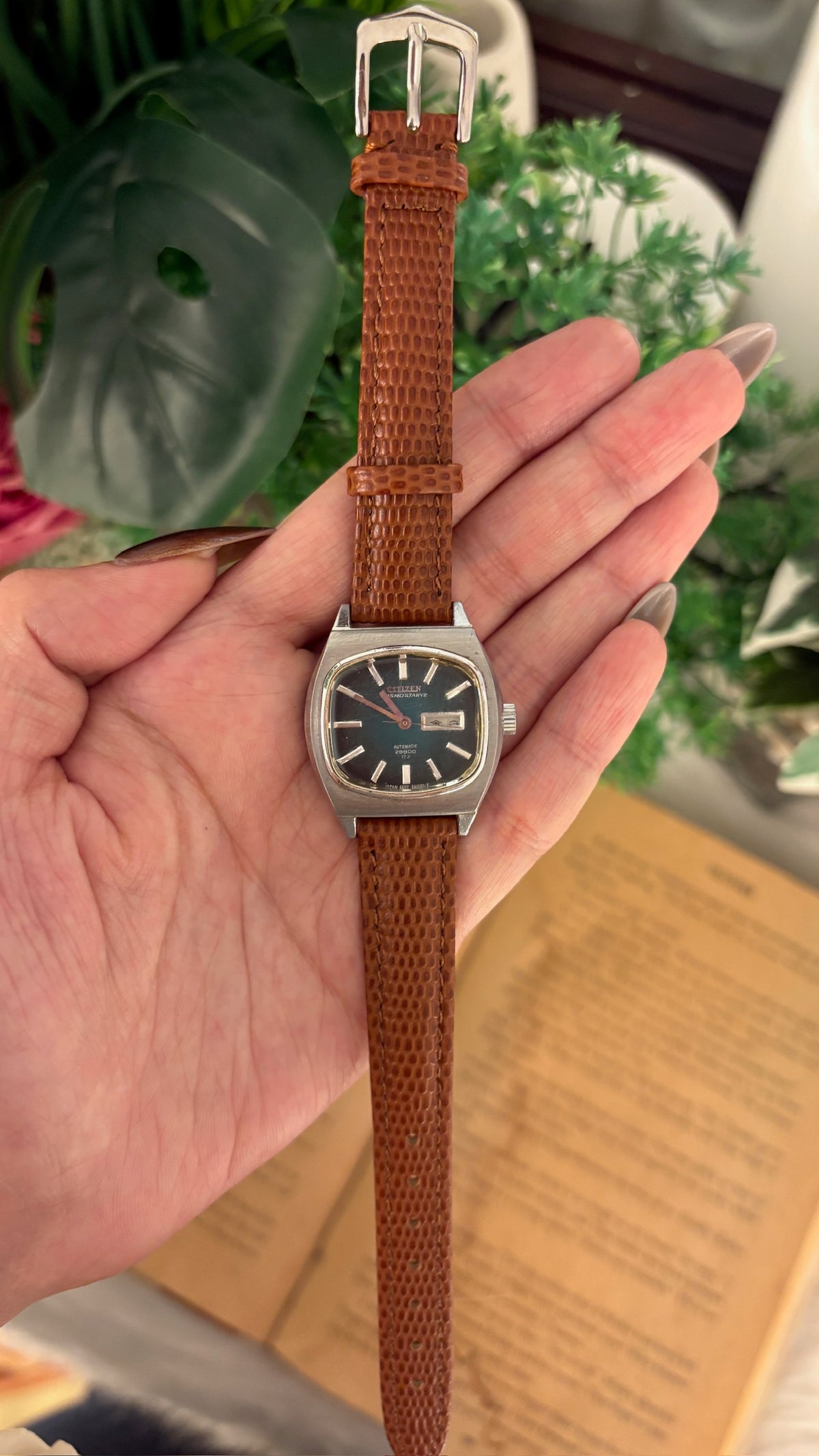 Rare Vintage Citizen Cosmostar V2 Television Style Dial Automatic Watch in Silver Tone Brown Leather