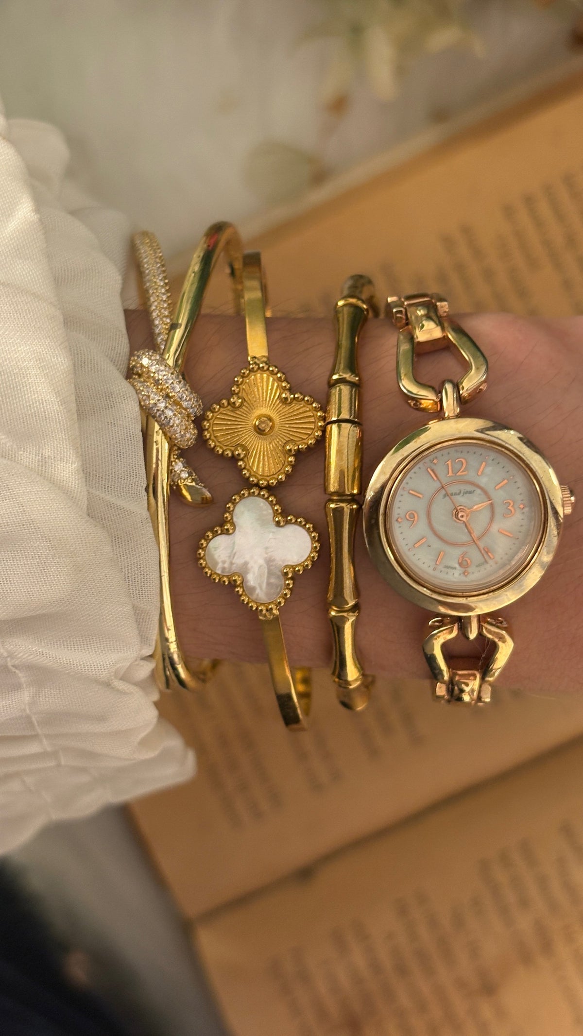 Rare Vintage Grand Jour Mother of Pearl Dial Bracelet Watch in Gold Tone Quartz