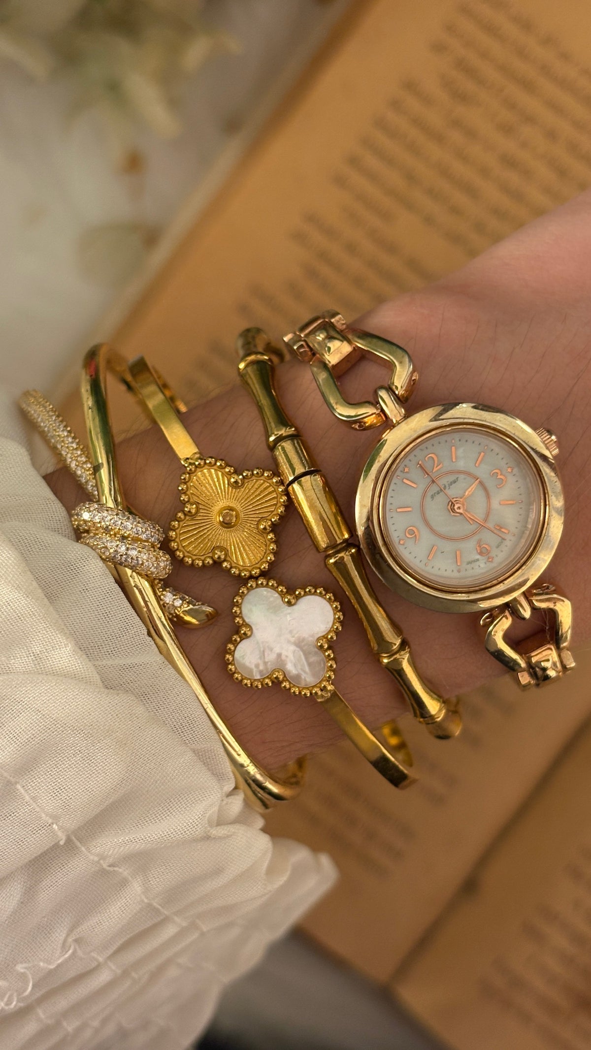 Rare Vintage Grand Jour Mother of Pearl Dial Bracelet Watch in Gold Tone Quartz