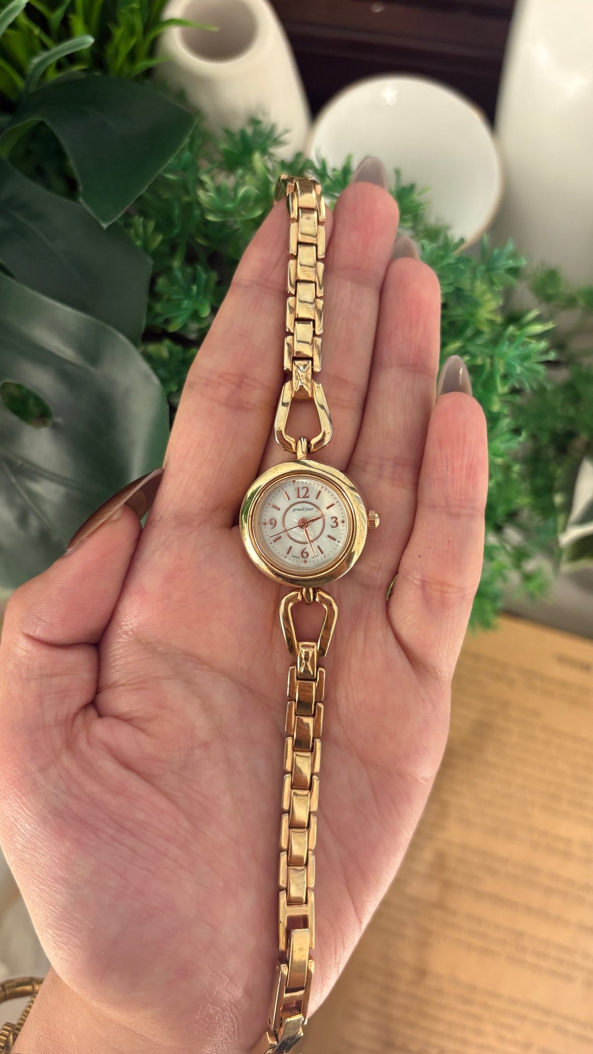 Rare Vintage Grand Jour Mother of Pearl Dial Bracelet Watch in Gold Tone Quartz