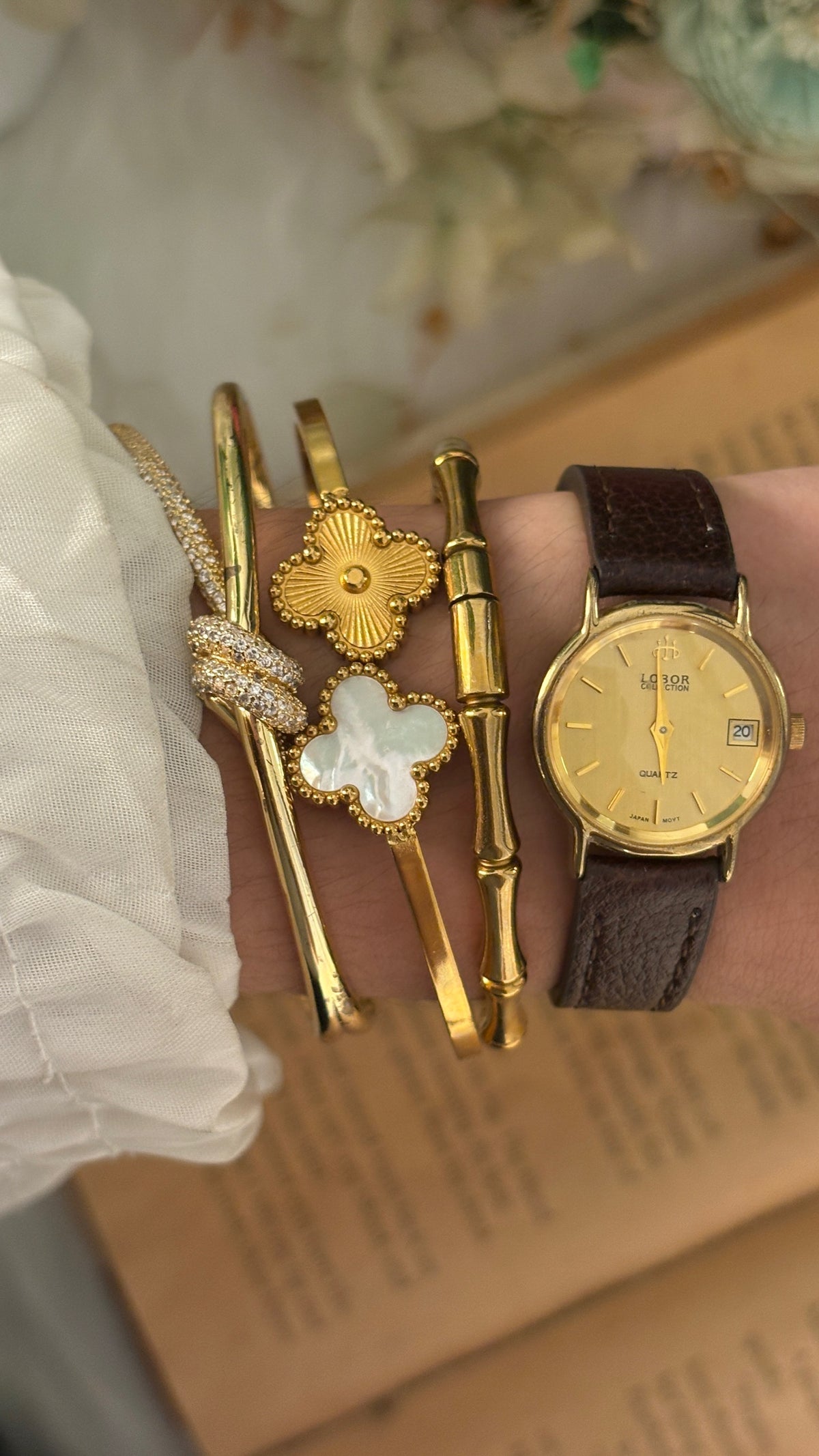Rare Vintage Lobor Date Window Watch in Gold Tone Black Leather Quartz