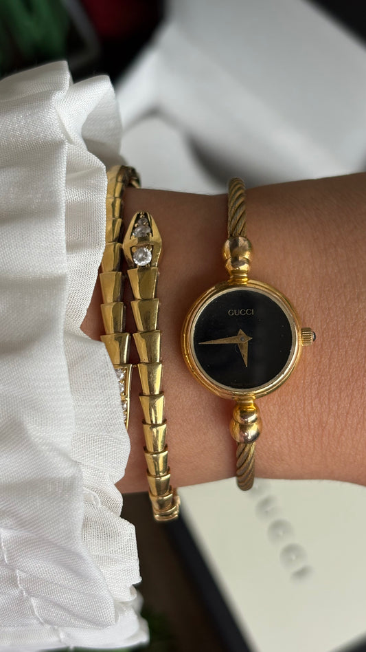 Extremely Rare Vintage 2700L Gucci Bangle Watch in Gold Tone Black Dial with Original Box